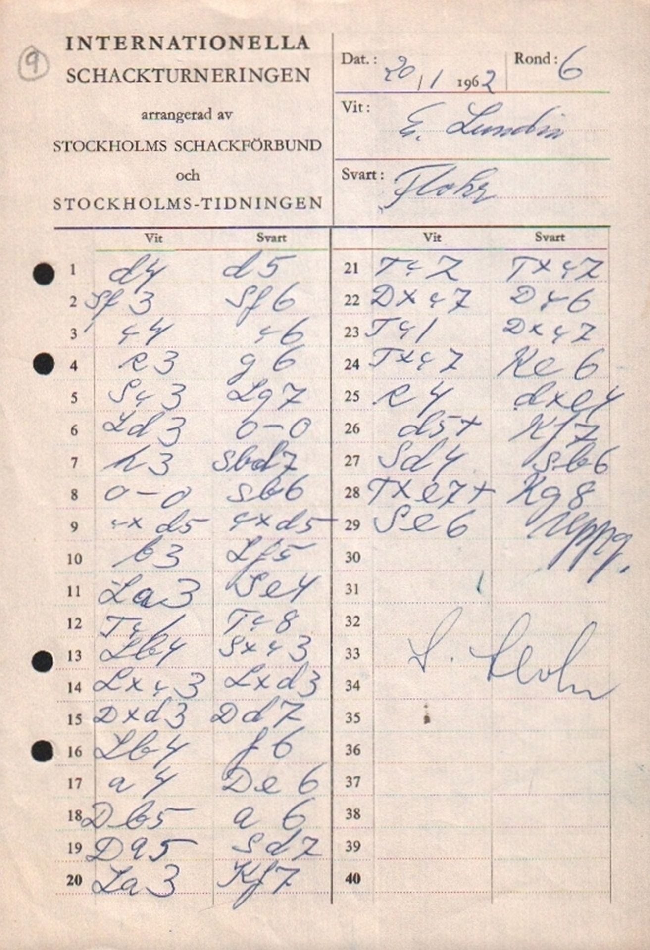 Flohr - Lundin. Handschriftliches Spielerprotokoll der Partie Erik Lundin – Salo Flohr in der 6.