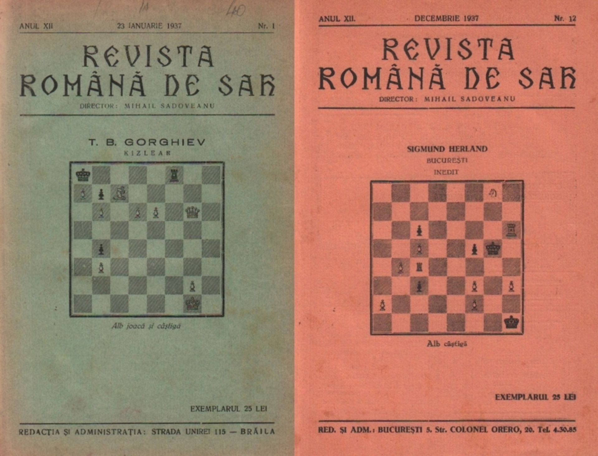 Revista Romana de Sah. Director: Mihail Sadoveanu. 12. Jahrgang 1937, Nr. 1 - 12. Braila und