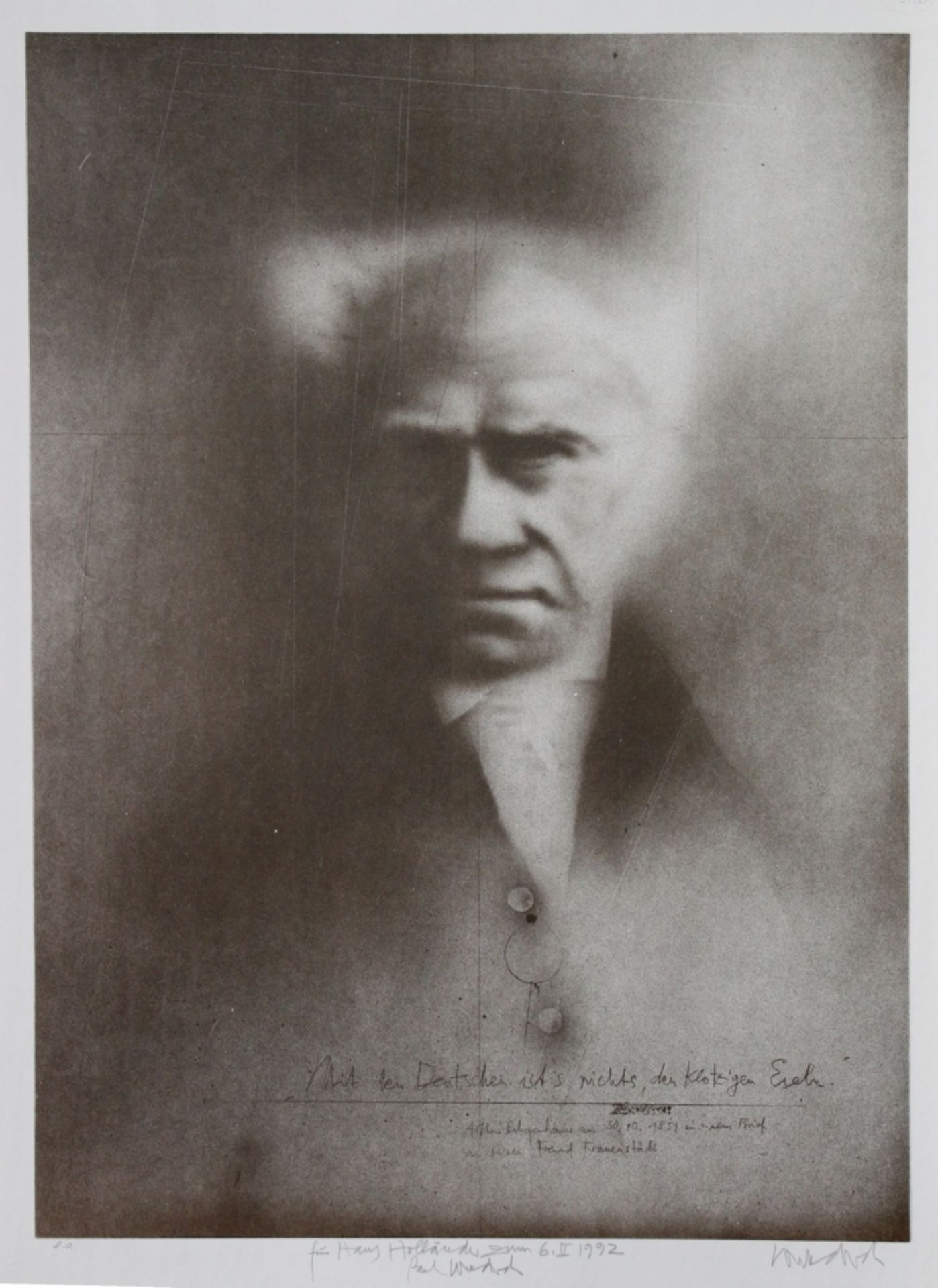 Wunderlich, Paul. "Arthur Schopenhauer (1980)". Farbige Lithographie (Mischtechnik) auf Papier.