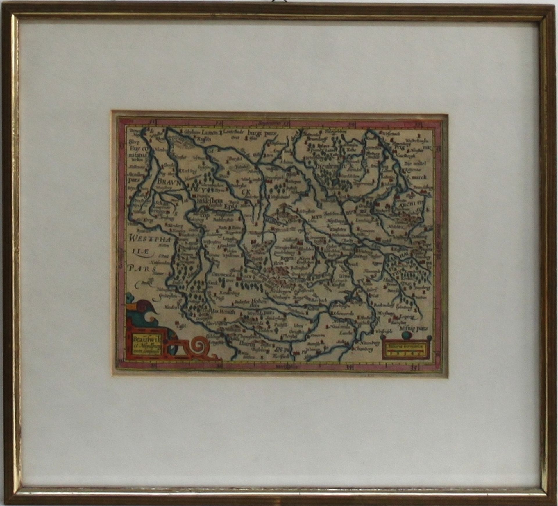 Braunschweig. Kolorierte Kupferstichkarte "Brauswik et Meydburg" von Hondius nach Mercator, ca 1607.