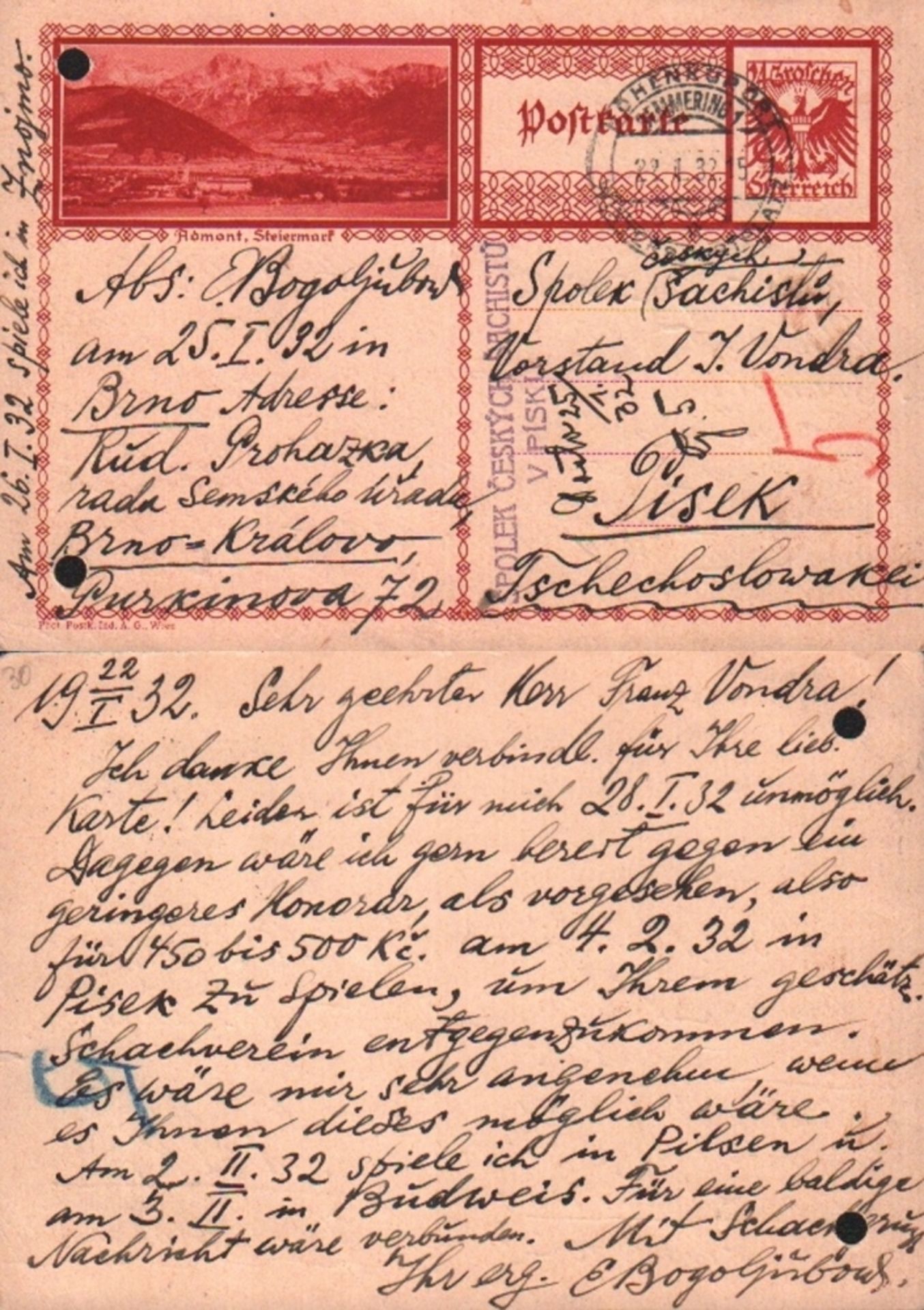 Bogoljubow, Efim. Postalisch gelaufene Postkarte mit eigenhändig von Bogoljubow geschriebenem Text