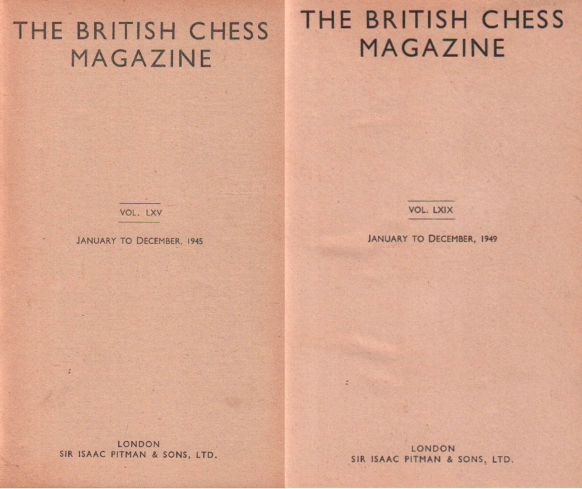 The British Chess Magazine. 65. Jahrgang 1945 - 69. Jahrgang 1949. 5 Bände. London, Pitman, 1945 -