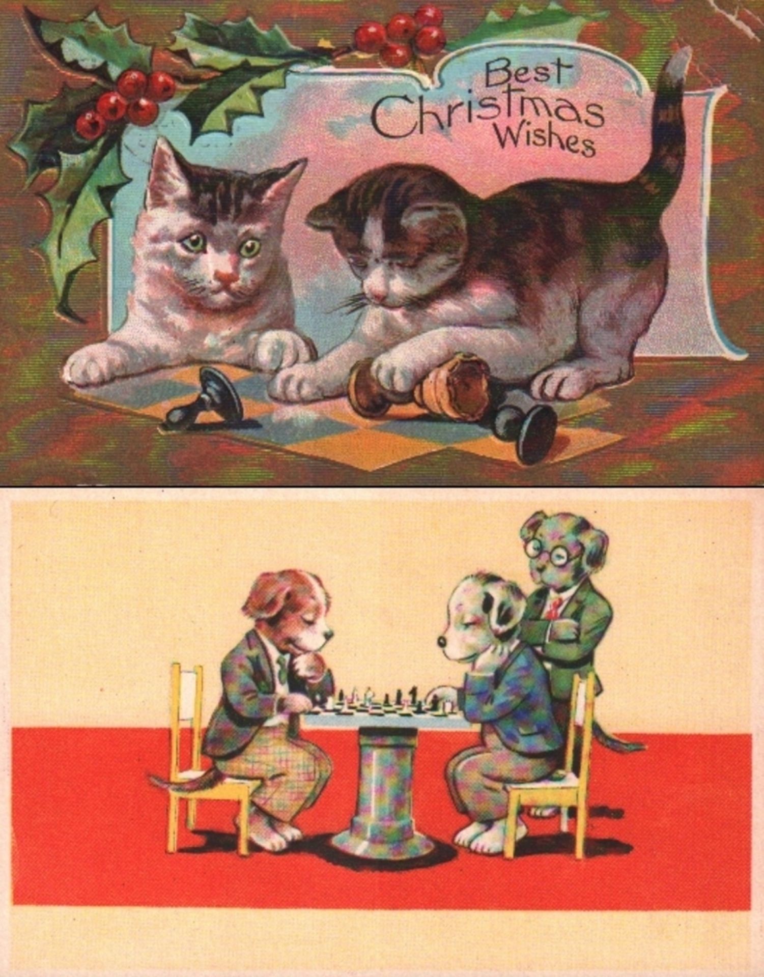 Postkarte. Weihnachtsgrußkarte mit Katzen und Schachfiguren. Farbige und postalisch gelaufene