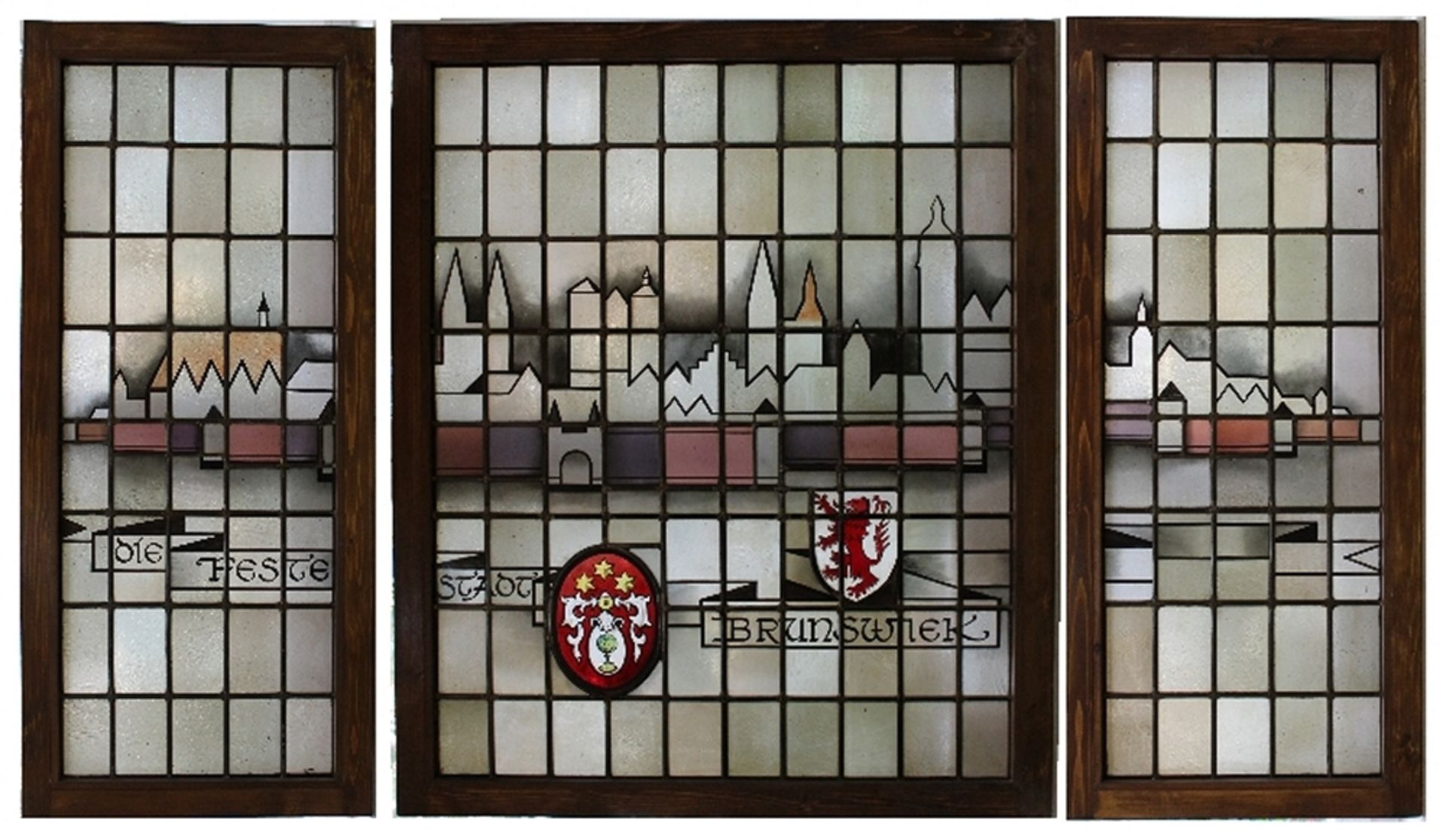 Braunschweig. Stadtsilhouette als Hinterglasbild / Bleiverglasung. Das mattfarbige Hinterglasbild