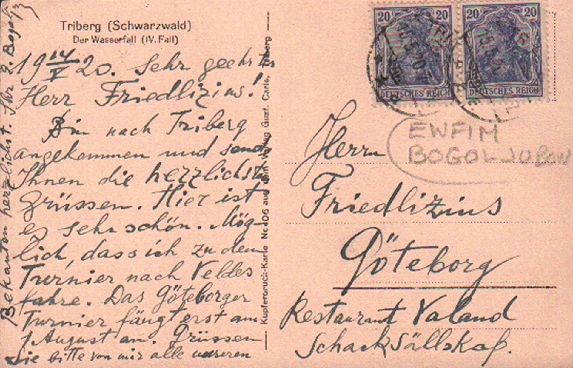 Bogoljubow, Efim. Postalisch gelaufene Postkarte mit eigenhändig von Bolgoljubow geschriebenem