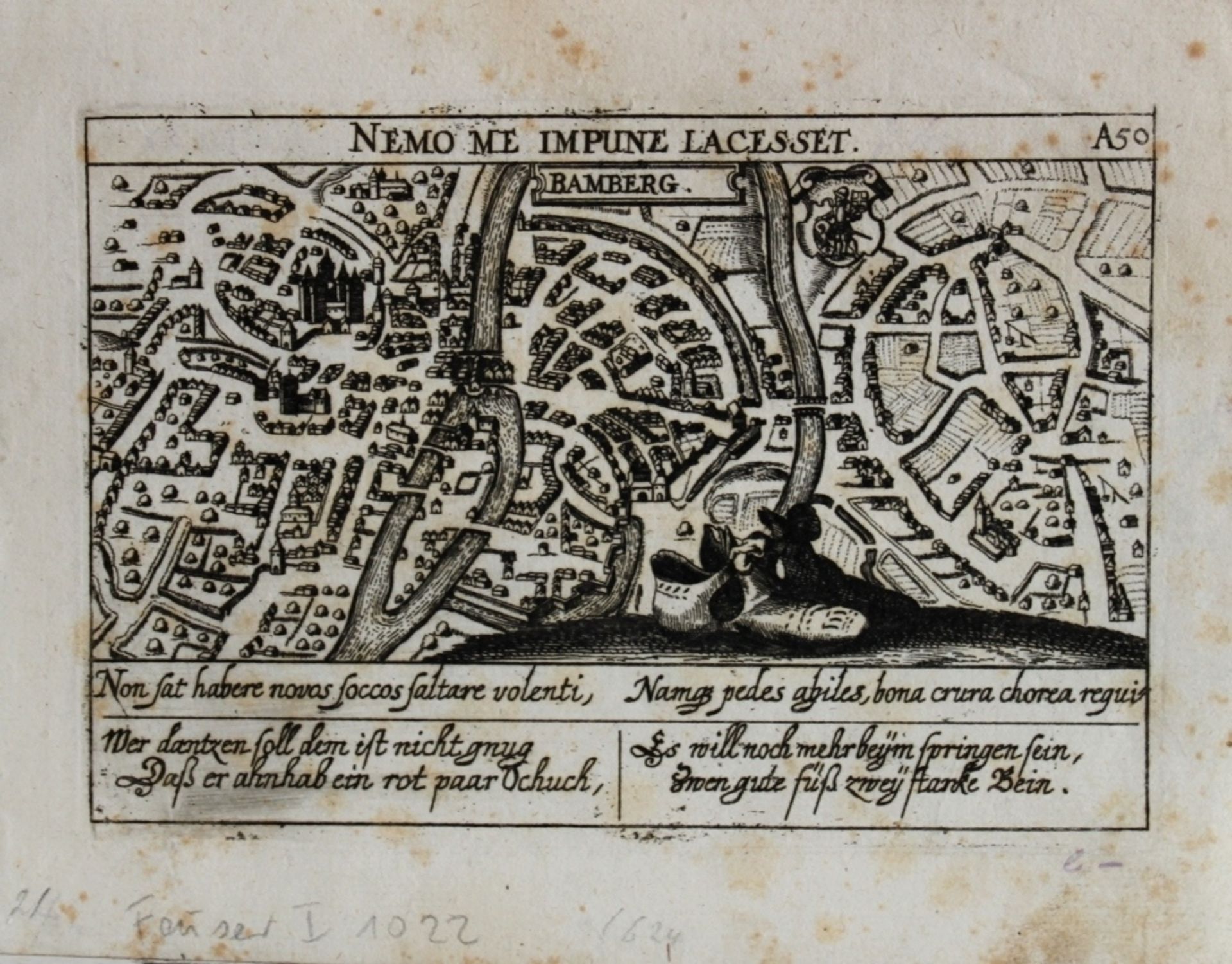 Bamberg - Ansicht aus der Vogelschau. Kupferstich aus einem Werk: "Thesaurus Philo - Politicus,