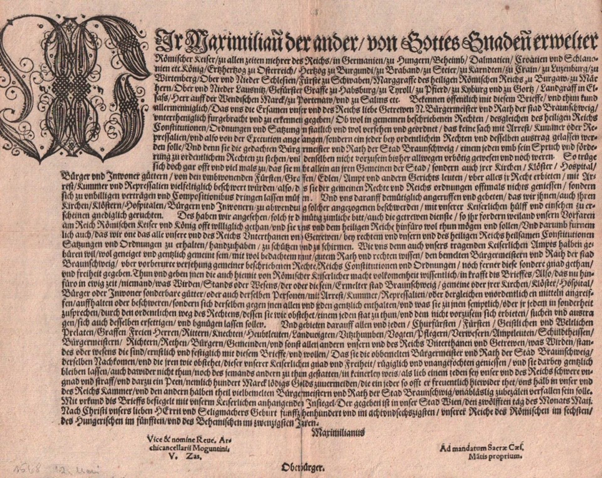 Braunschweig. Verordnung. Henricus junior. Wir Maximilian der ander..., Römischer Kaiser, zu allen