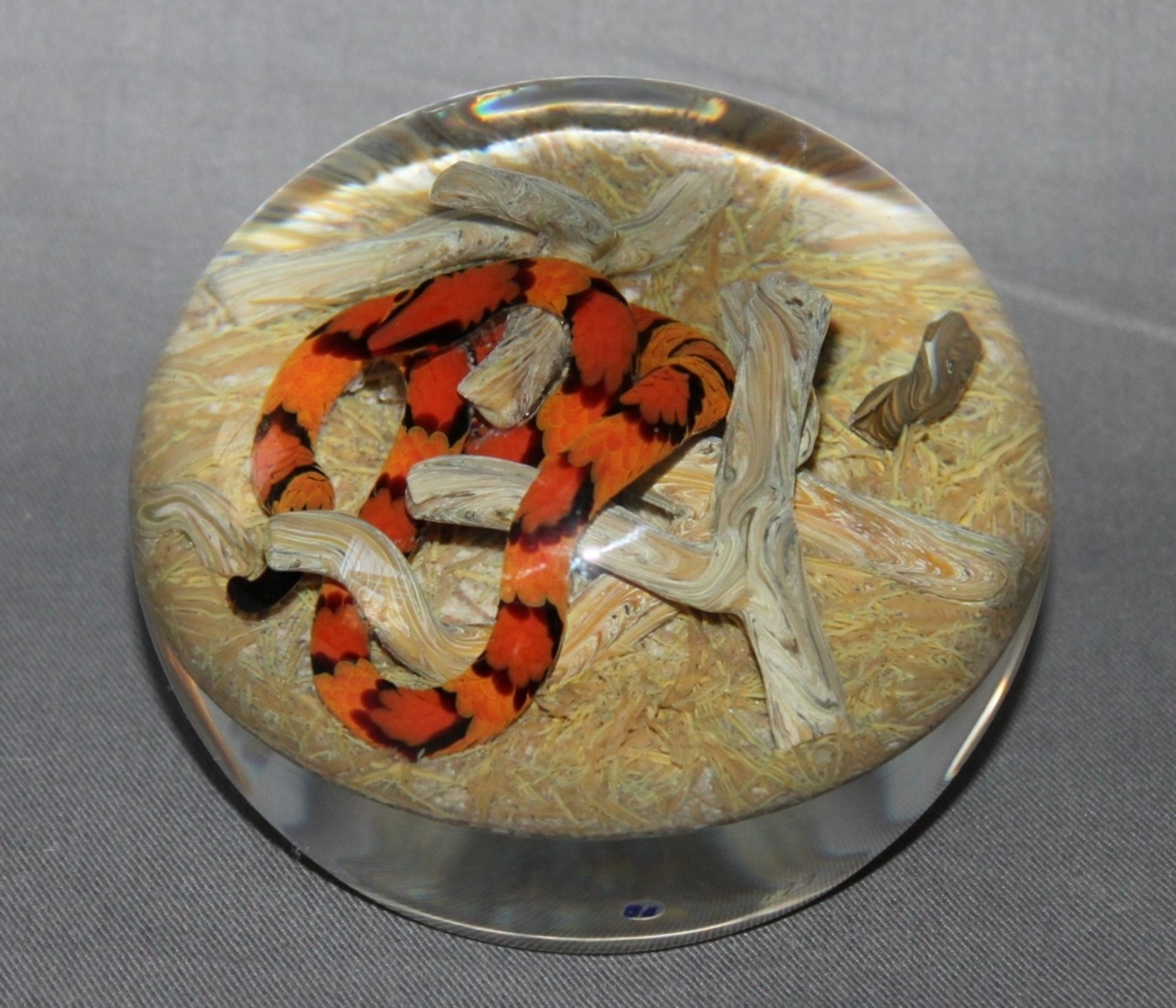 Glas. Paperweight / Briefbeschwerer. Smith, Gordon. (Orangefarbene Kornnatter am Boden mit