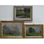 Landschaftsbilder. Drei kleinformatige Ölgemälde auf Malpappe und Leinwand über Keilrahmen.