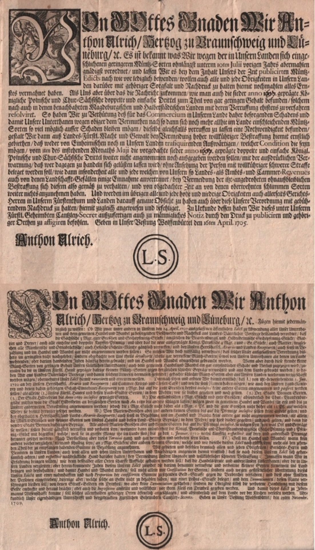 Braunschweig. Anthon Ulrich, Herzog zu Braunschweig u. Lüneburg.etc. Verordnung.  Müntz -