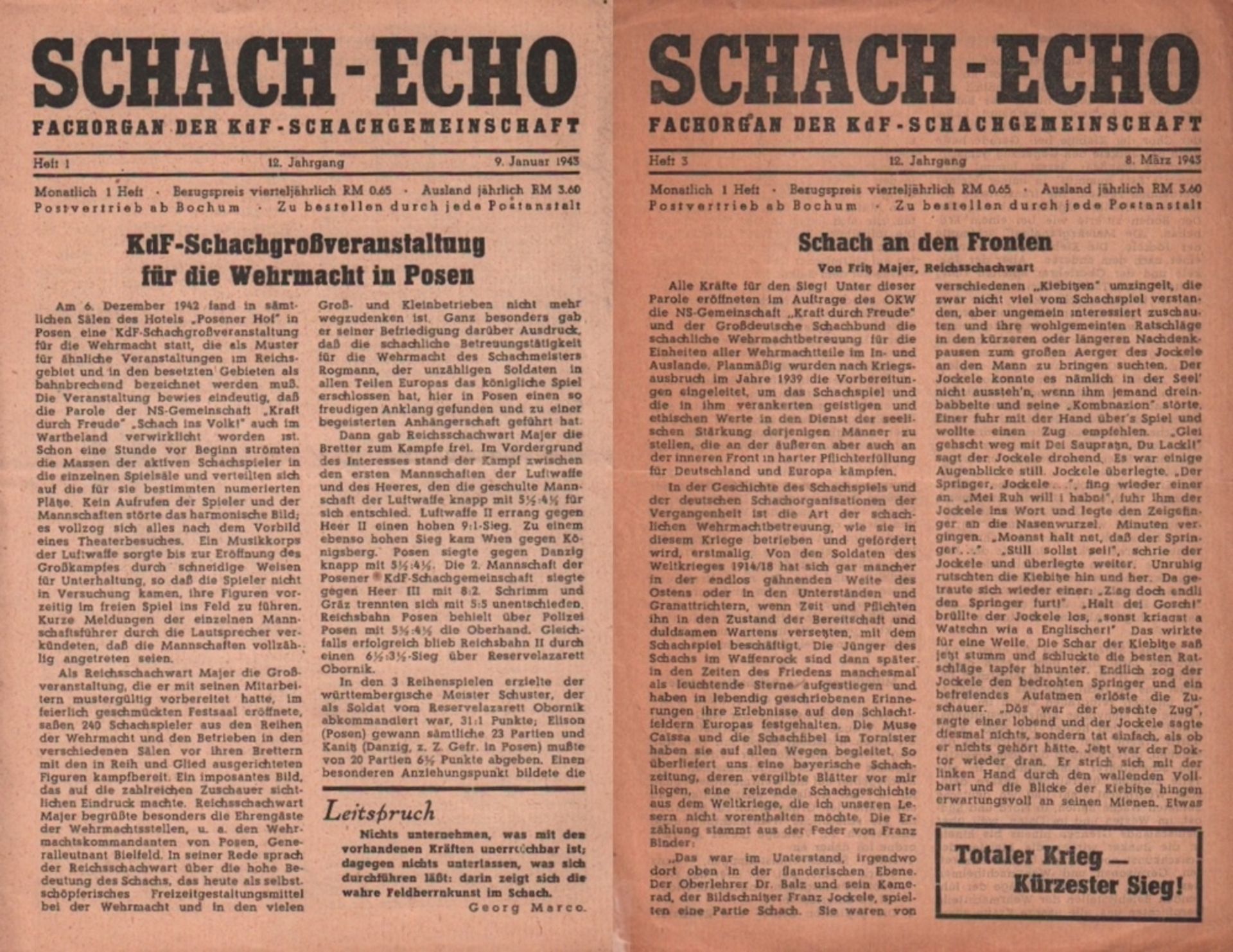 Schach - Echo. Fachorgan der KdF - Schachgemeinschaft. Herausgeber: Otto Katzer. 12. Jahrgang (