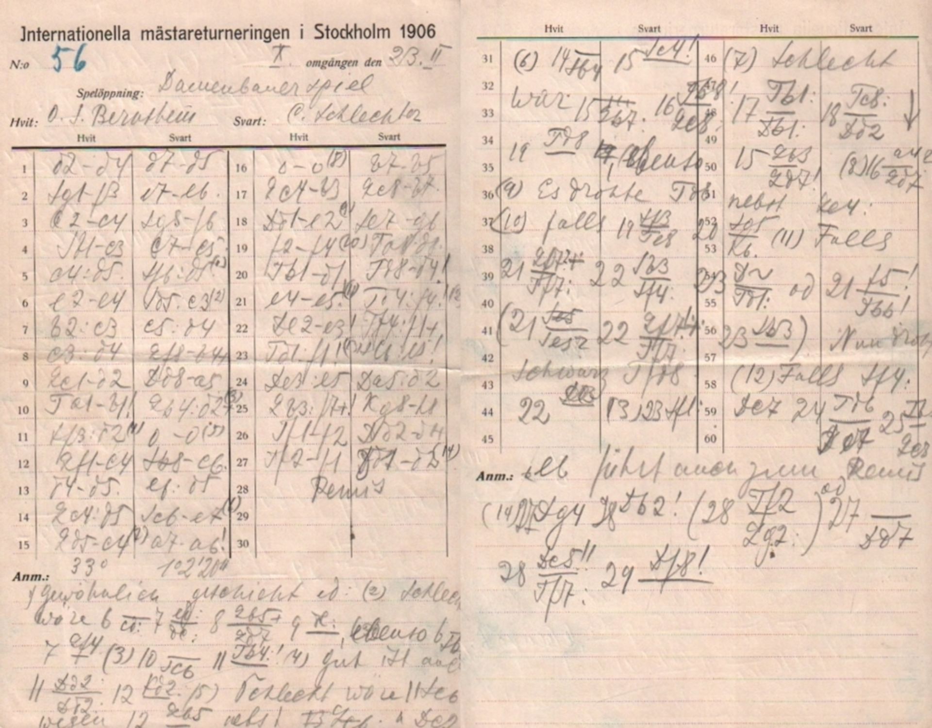 Bernstein - Schlechter. Handschriftliches Spielerprotokoll von unbekannter Schreiberhand der