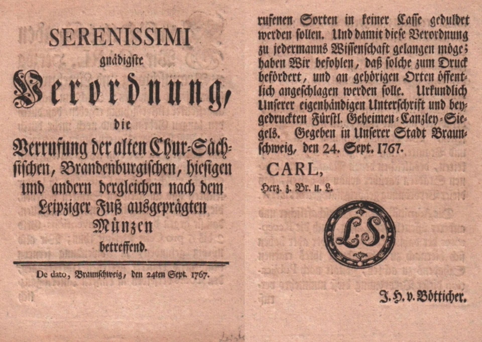 Braunschweig. Verordnung. Carl, Herzog zu Braunschweig u. Lüneburg.etc. Müntz - Edict "Verordnung,