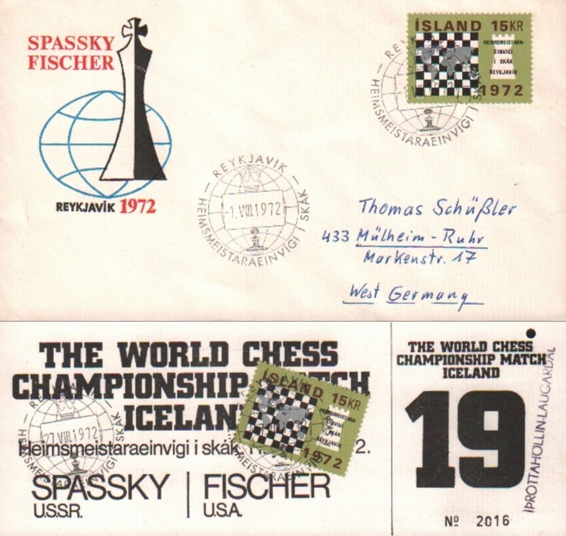 Fischer – Spassky. Eintrittskarte zur 19. Partie des Weltmeisterschaftskampfes Fischer – Spassky