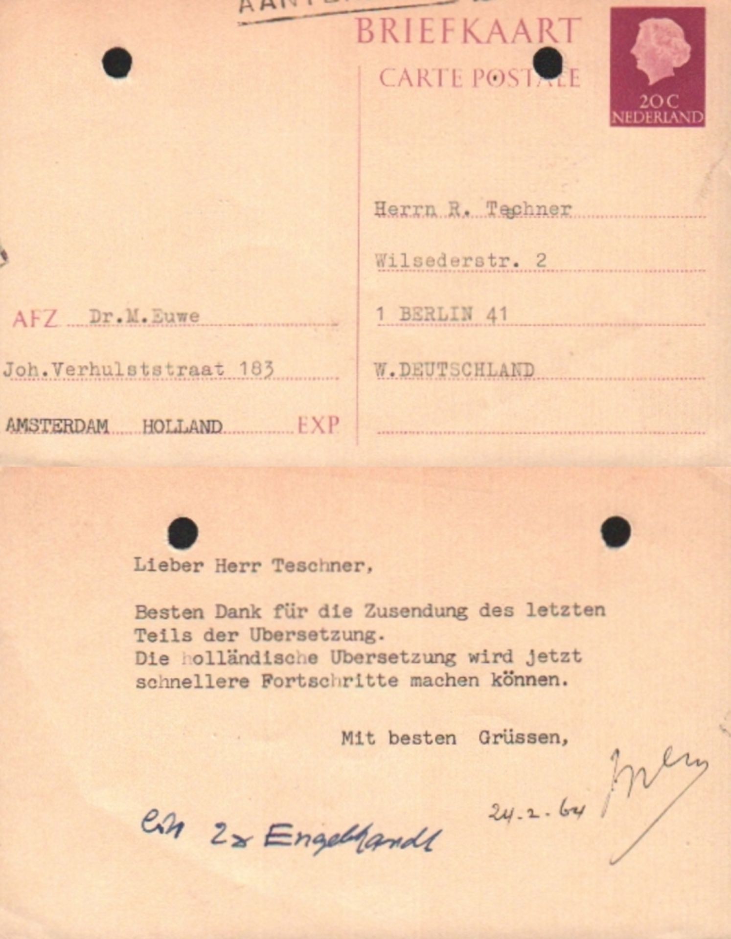 Euwe, Max. Postalisch gelaufene Postkarte an R. Teschner mit maschinegeschriebenem Text in deutscher