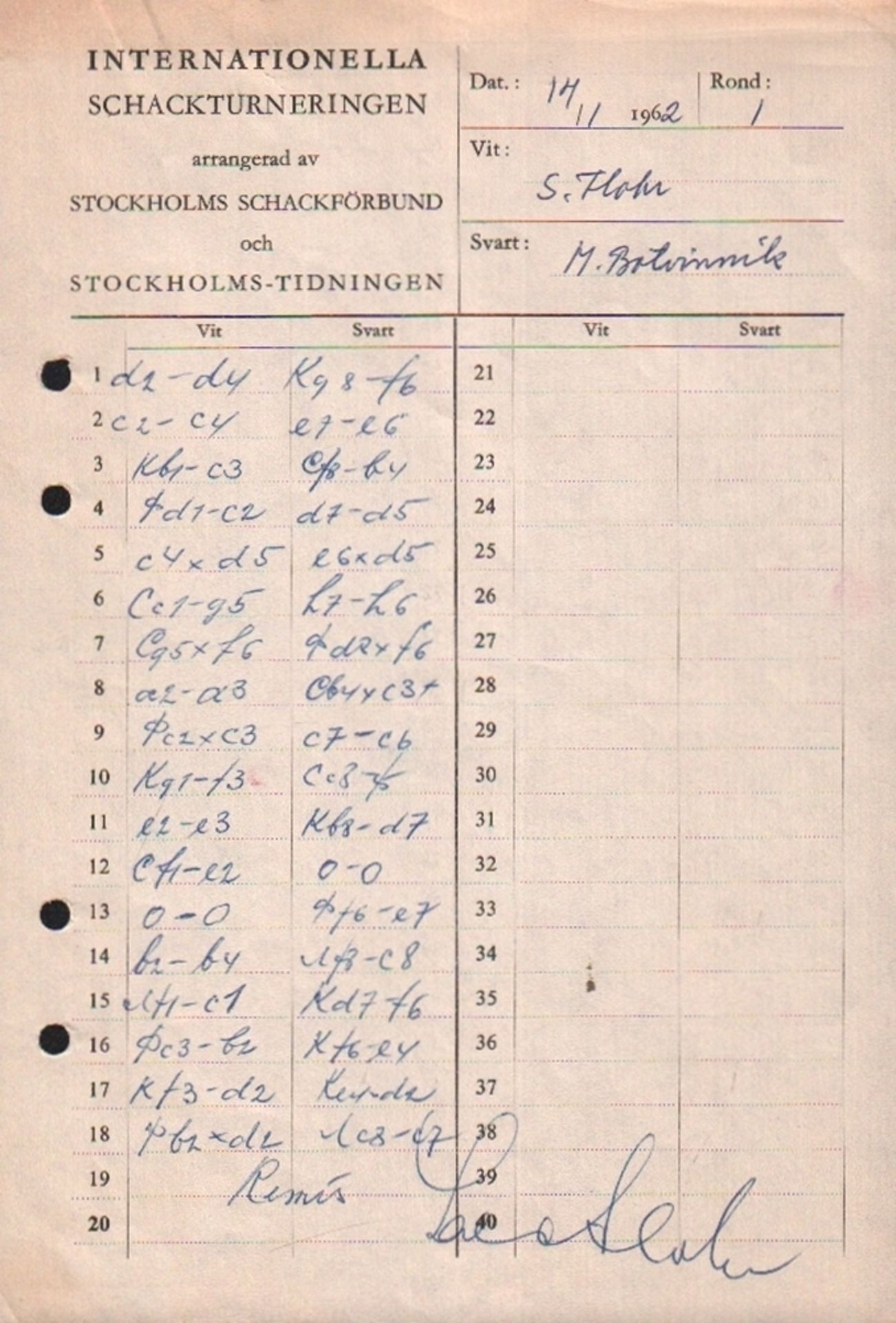 Flohr - Botwinnik. Handschriftliches Spielerprotokoll der Partie Salo Flohr – Michail Botwinnik in