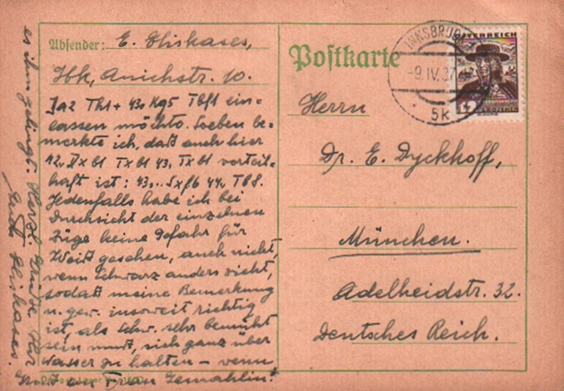 Eliskases, Erich. Postalisch gelaufene Postkarte mit eigenhändig geschriebenem Text in deutscher