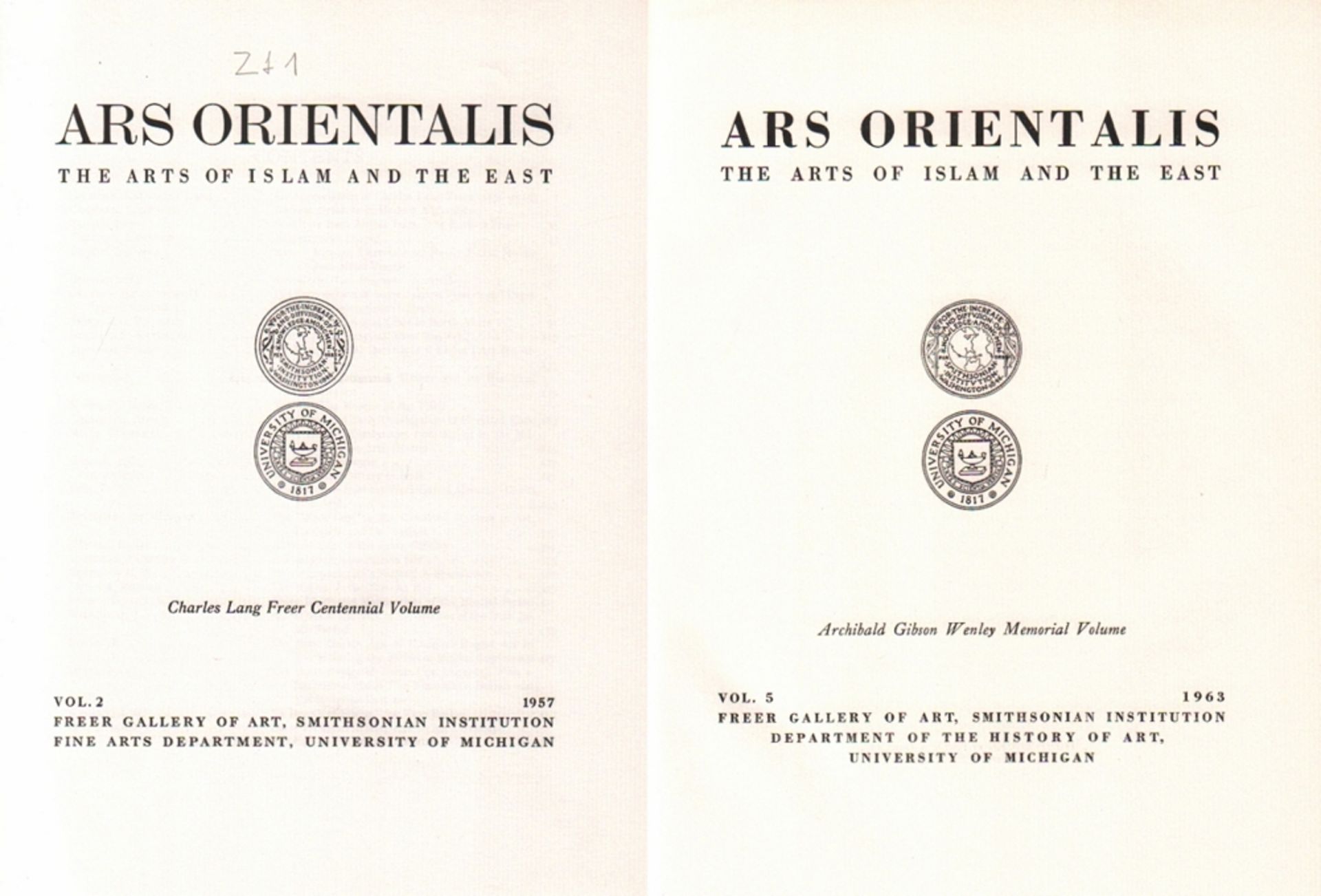 Islamistik. Ars Orientalis. The Arts of Islam and the East. Verschiedene Herausgeber. Band 2 - 5.