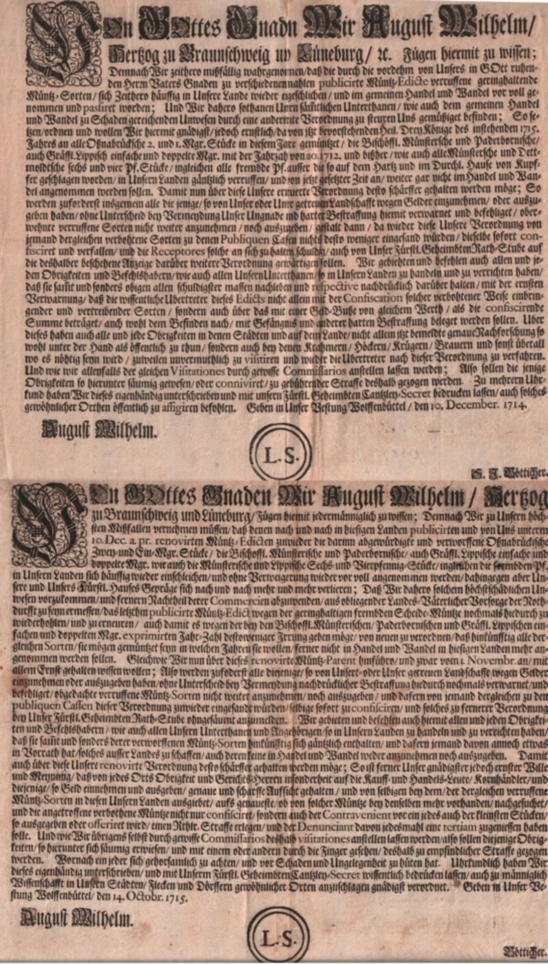 Braunschweig. August Wilhelm, Herzog zu Braunschweig u. Lüneburg.etc. Verordnung. Müntz - Edict,