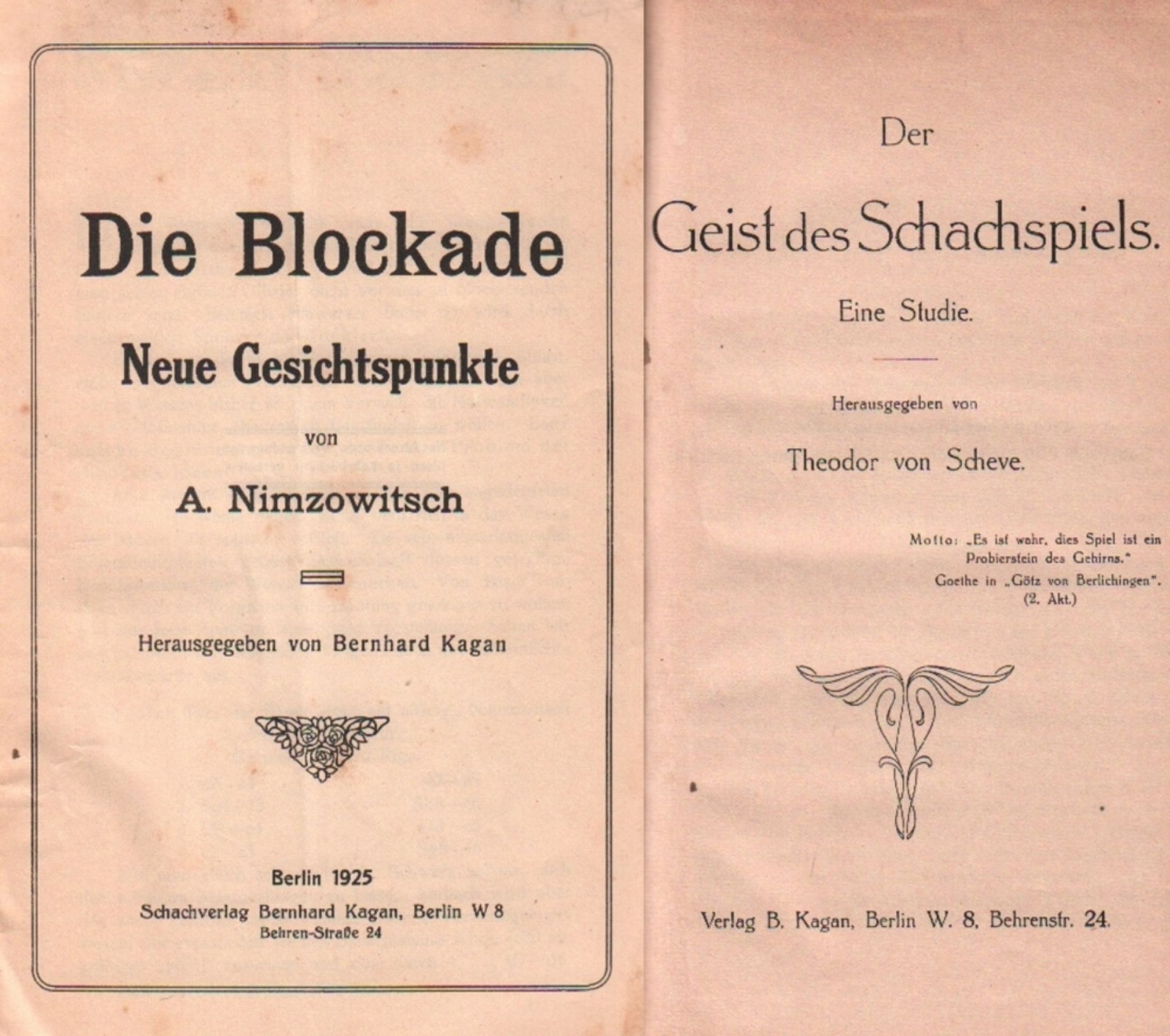 Scheve, Th. v. (Hrsg.) Der Geist des Schachspiels. Eine Studie. Berlin, Kagan, (1919). 8°. 77