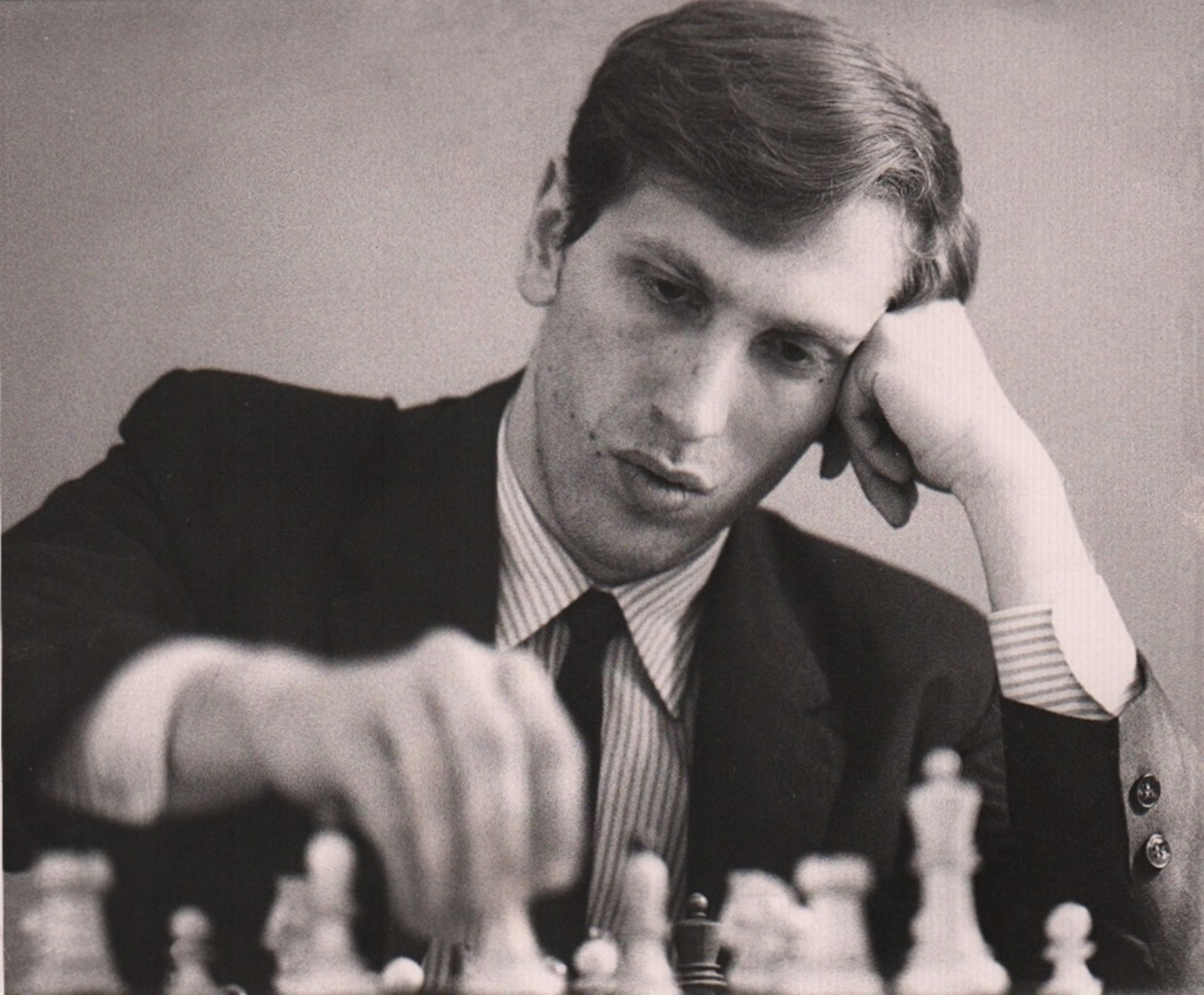 Foto. Fischer, Bobby. Schwarzweißes Pressefoto von Bobby Fischer, das im August 1992