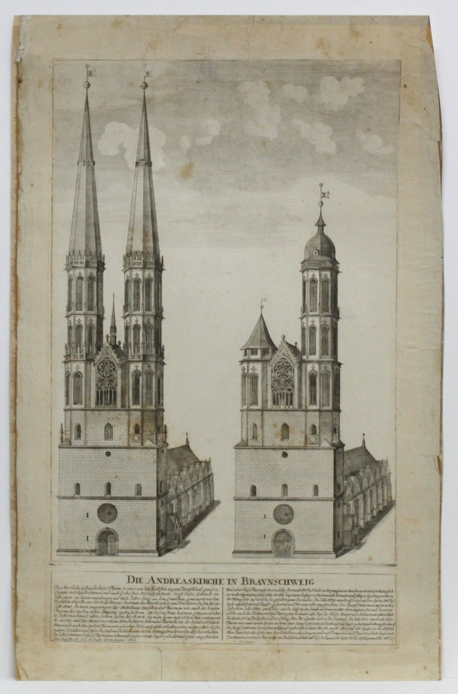 Braunschweig. "Die Andreaskirche in Braunschweig". Originaler Kupferstich von Anton August Beck,