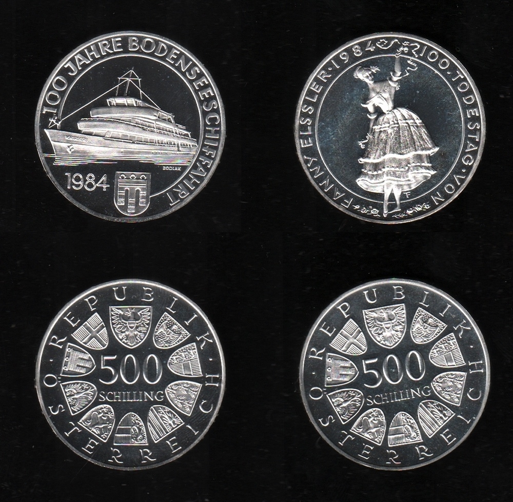 Münzen. Österreich. Silbermünze. 500 Schilling. 100 Jahre Bodenseeschiffahrt. 1984. Vorderseite: