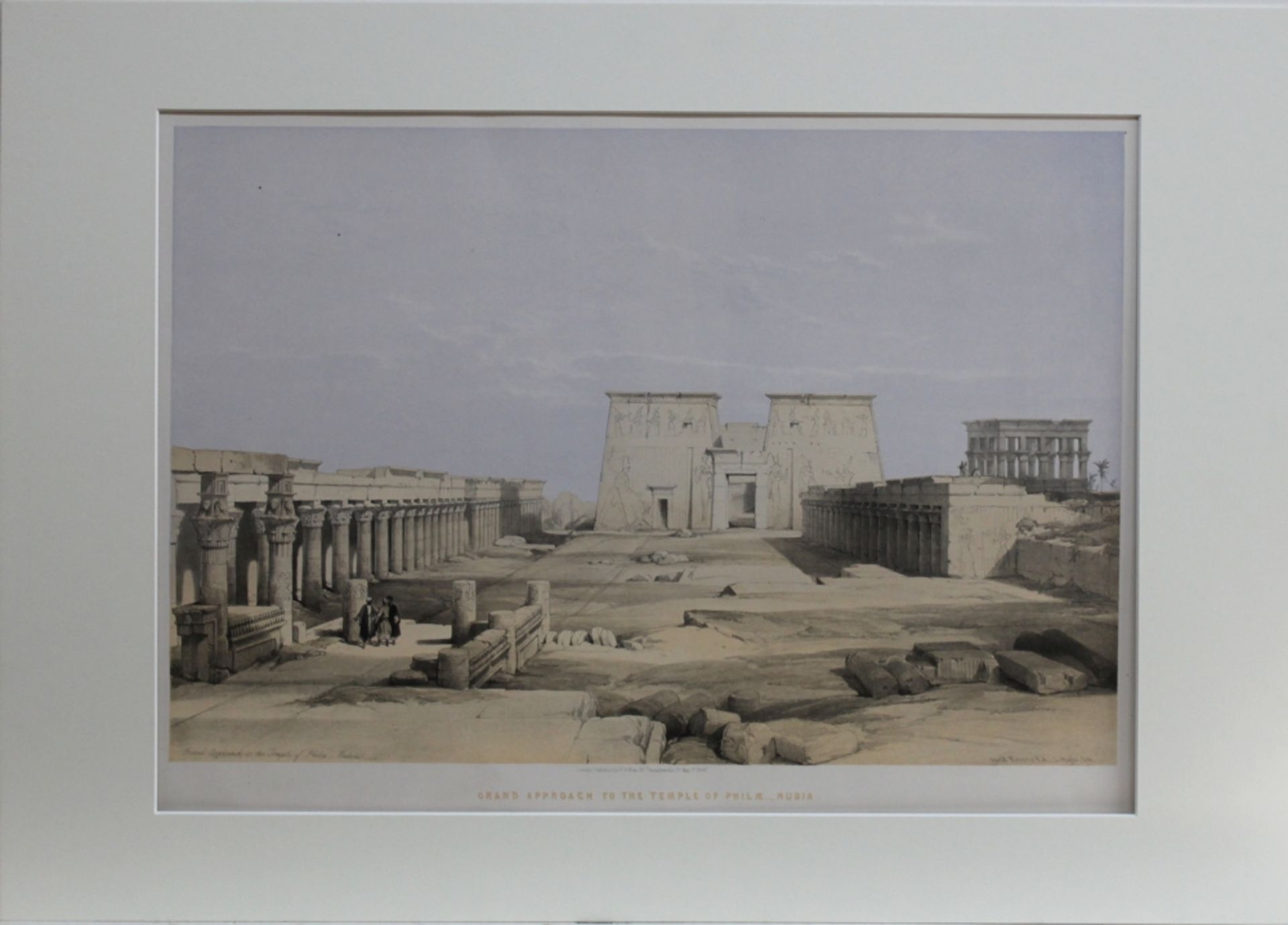 Ägypten. Philae. “Grand approach to the temple of Pilae - Nubia”. Getönte Lithographie von Louis