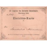 Nürnberg 1883. Eintrittskarte zum „III. Congress des Deutschen Schachbundes Nürnberg 1883“. Größe 15