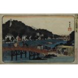 Asiatika. Hiroshige, Utagawa. (Akabanebashi Brücke in Shiba). Kolorierter japanischer