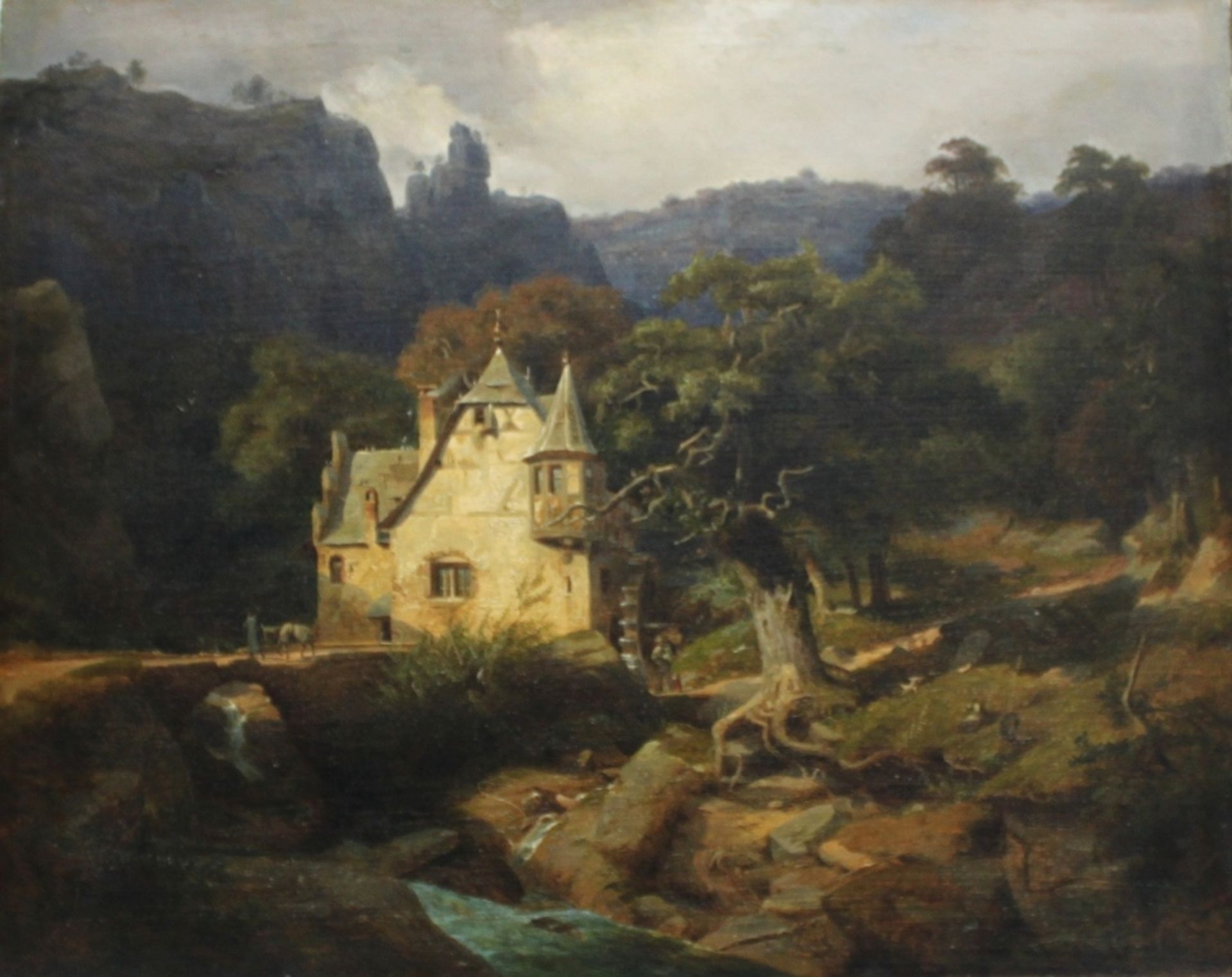 Landschaft mit Mühle. (Unbekannter Künstler). Ölgemälde (Mischtechnik) auf Leinwand (doubliert).