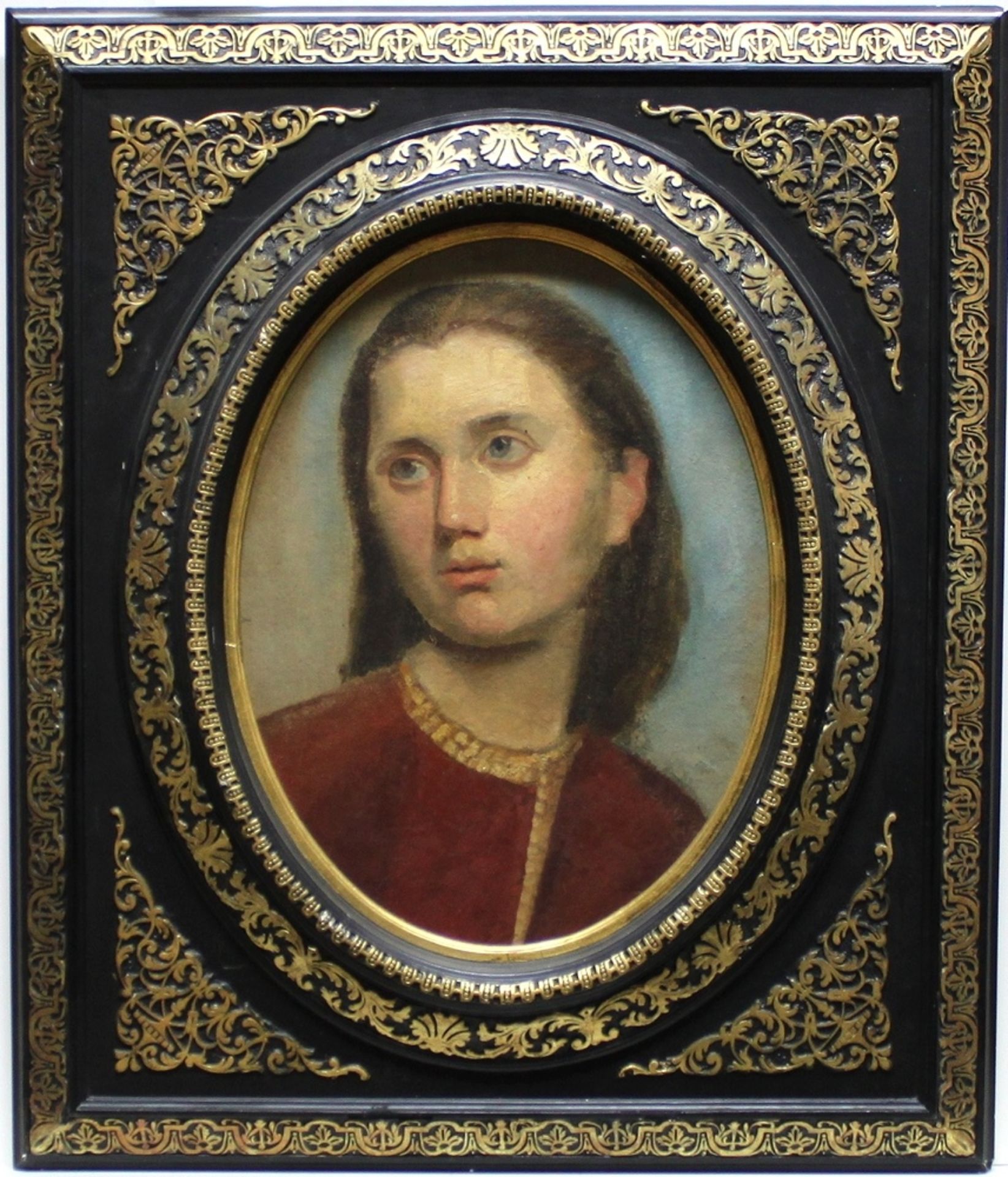 [Unbekannter Künstler]. Porträtdarstellung einer jungen Frau. Ovales Ölgemälde auf Holz. Nicht