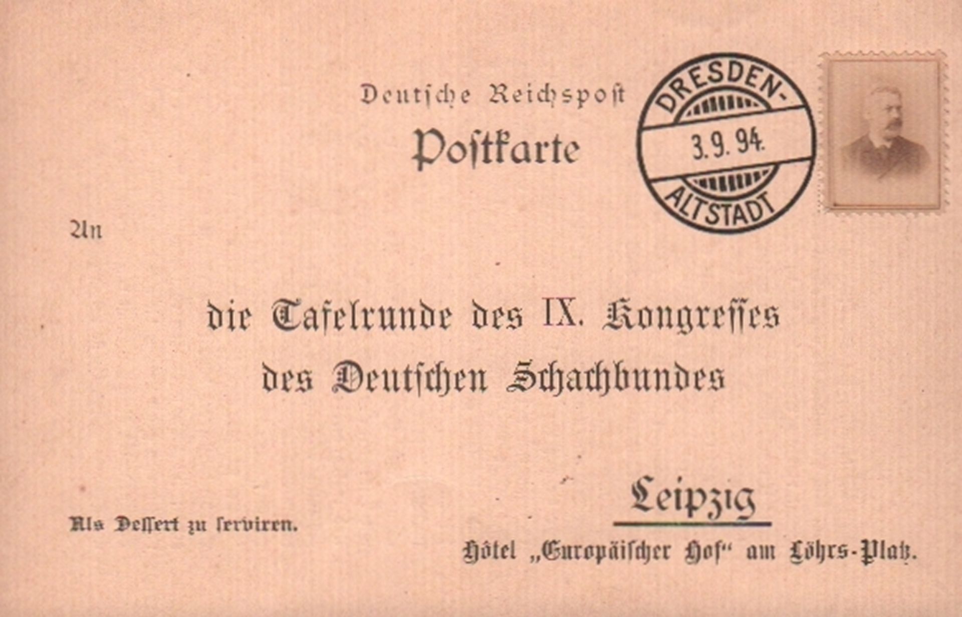 Postkarte. Leipzig 1894. Postalisch nicht gelaufene Postkarte mit humoristischem, schachbezogenen