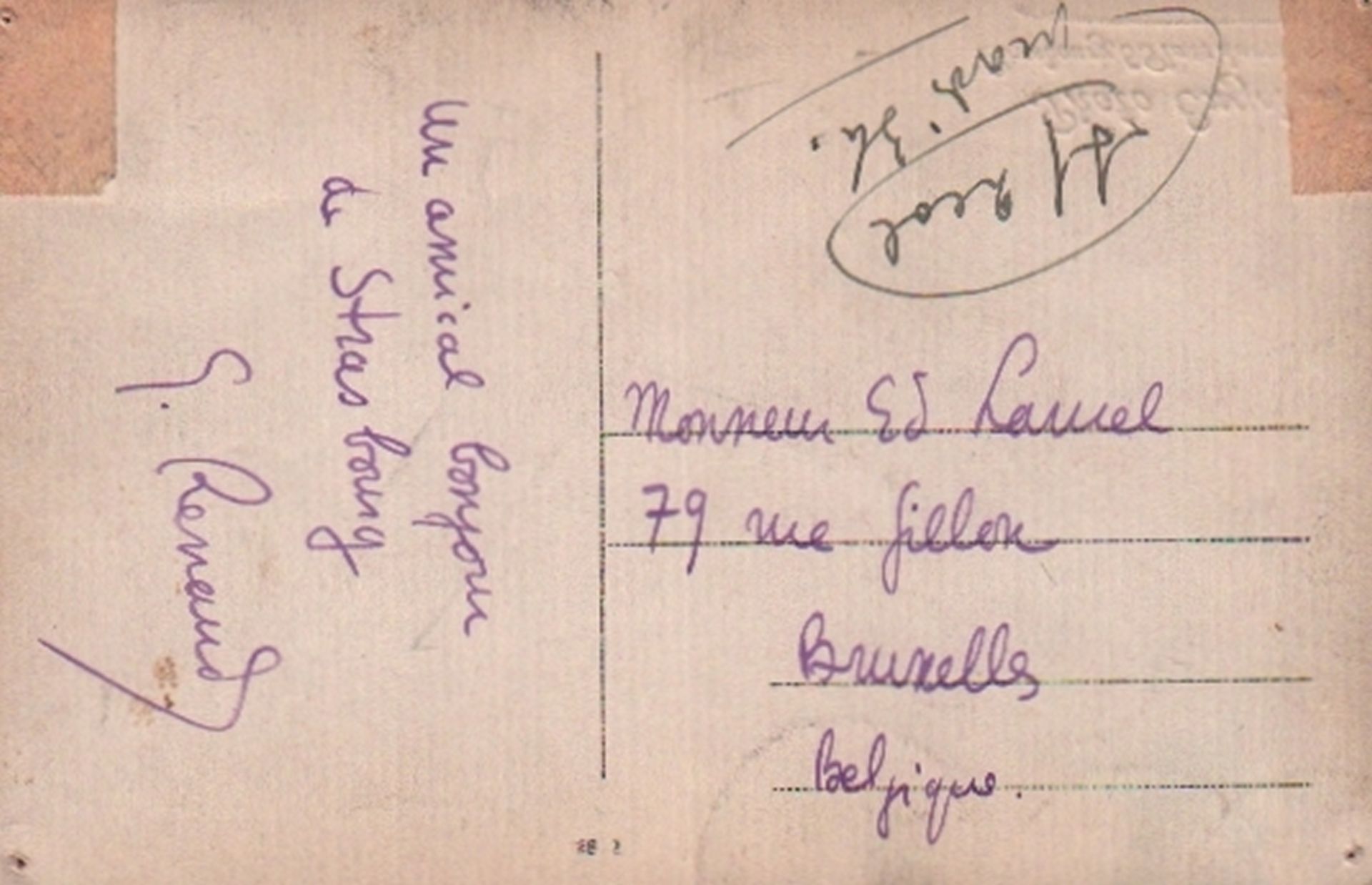 Renaud, Georges. Schwarzweiße Postkarte mit eigenhändig geschriebenem kurzem Gruß von Georges Renaud