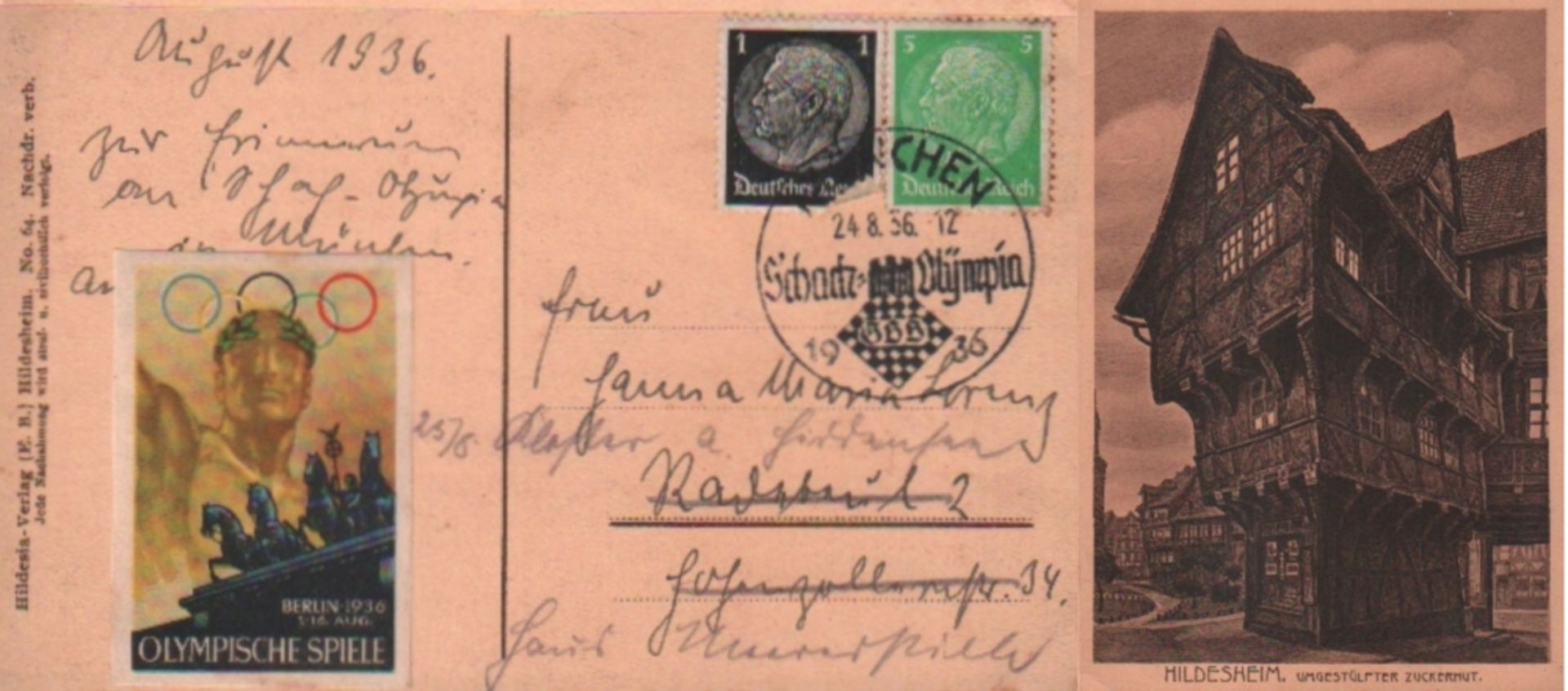 Postkarte mit Sonderstempel zur Olympiade in München 1936. Schwarzweiße, postalisch gelaufene