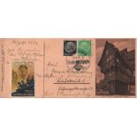 Postkarte mit Sonderstempel zur Olympiade in München 1936. Schwarzweiße, postalisch gelaufene