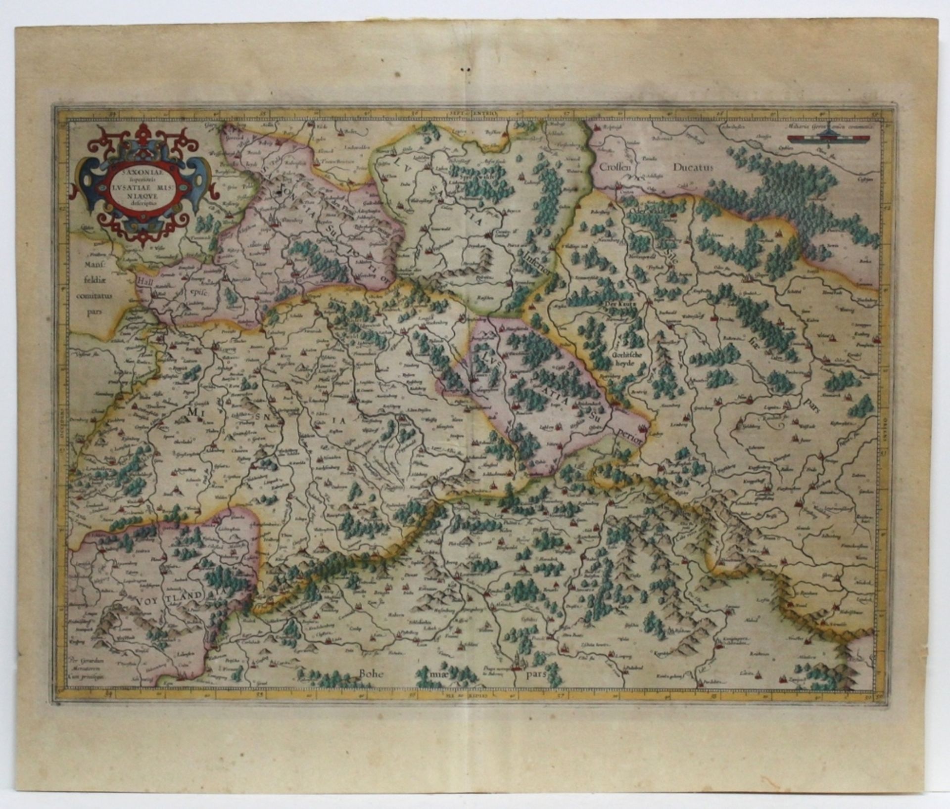 Sachsen - Obersachsen. Kolorierte Kupferstichkarte von Gerhard Mercator ca. 1625. Bildgröße 49 x