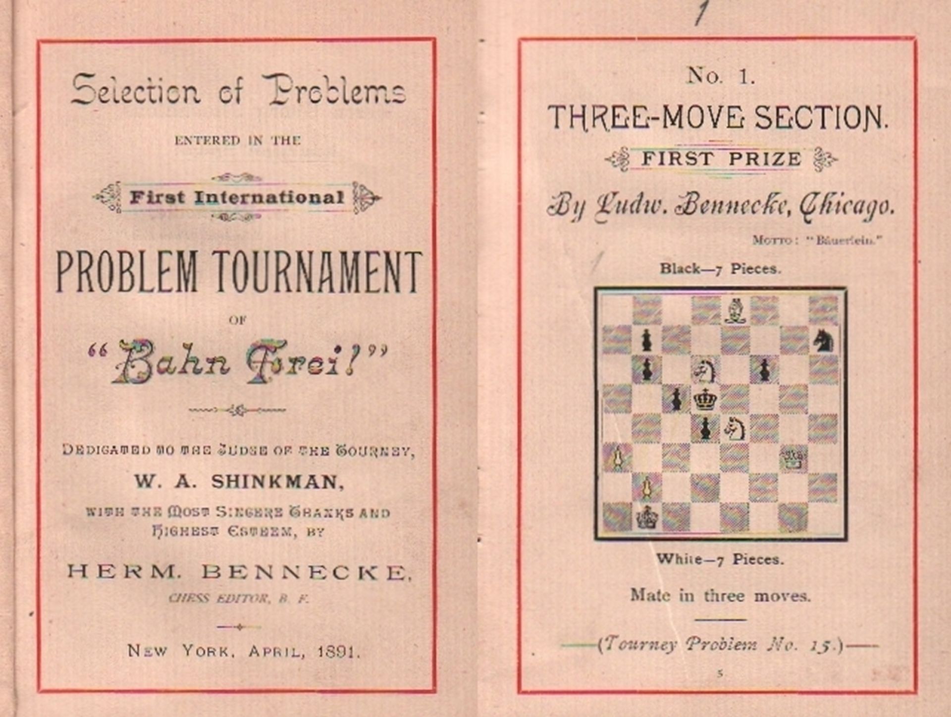 Bennecke, Hermann. Selection of Problems entered in the First International Problem Tournament of „