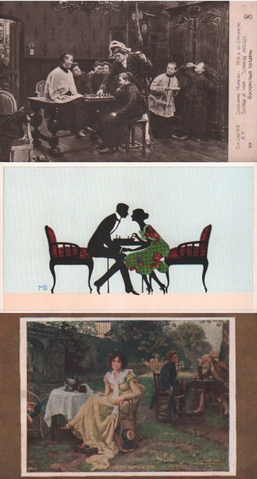 Postkarte. Schachspielszenen. 6 meist farbige und teilweise postalisch gelaufene Postkarten aus