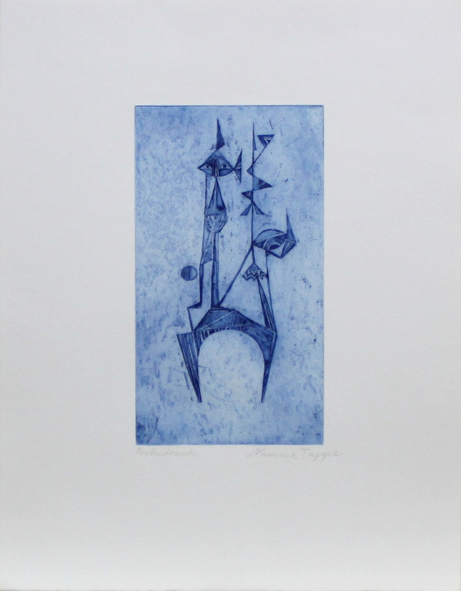 Tappe, Nanna. (Abstrakte Figur). Blau getönte Radierung / Mischtechnik auf Papier. Unten links "