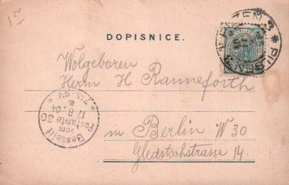 Pilsen 1904. Postalisch gelaufene Postkarte aus dem Jahr 1904 an H. Ranneforth mit handschriftlichen
