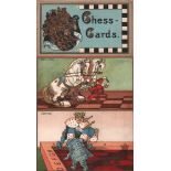 Postkarte. Karikaturen mit vermenschlichten Schachfiguren und Wappendarstellung. Konvolut von 3