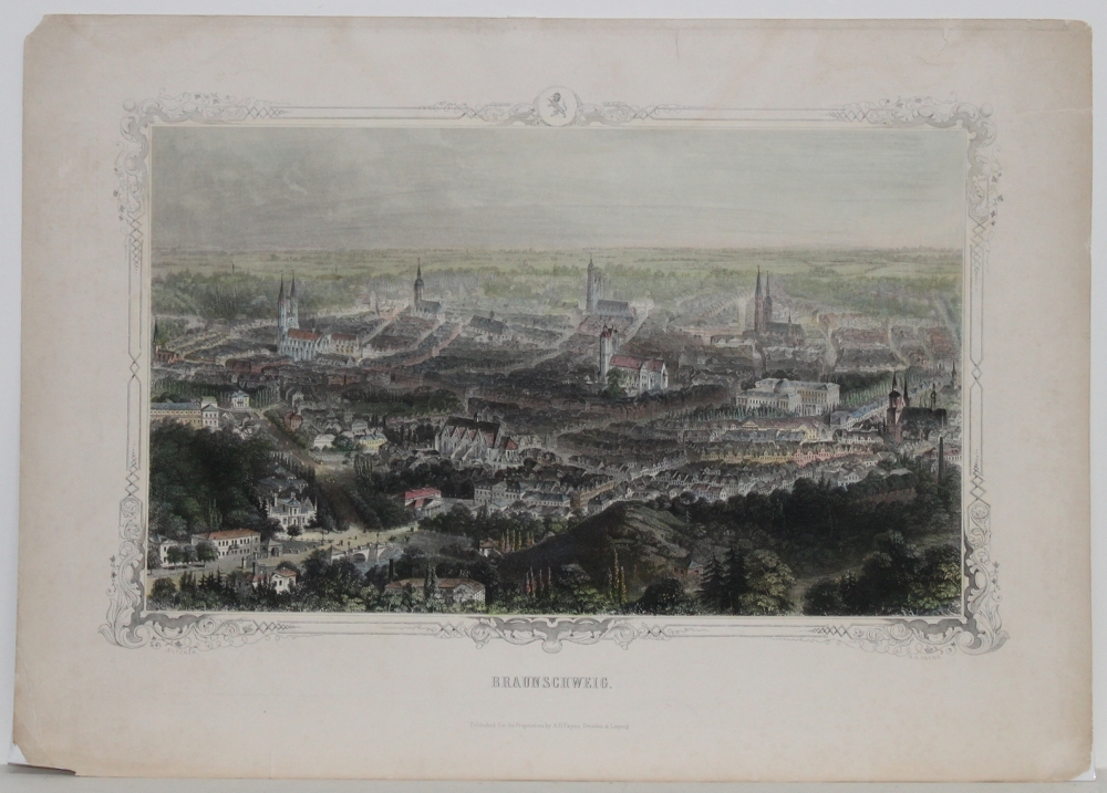 Braunschweig. Gesamtansicht aus der Vogelschau. Kolorierter orig. Stahlstich von A. H. Payne nach