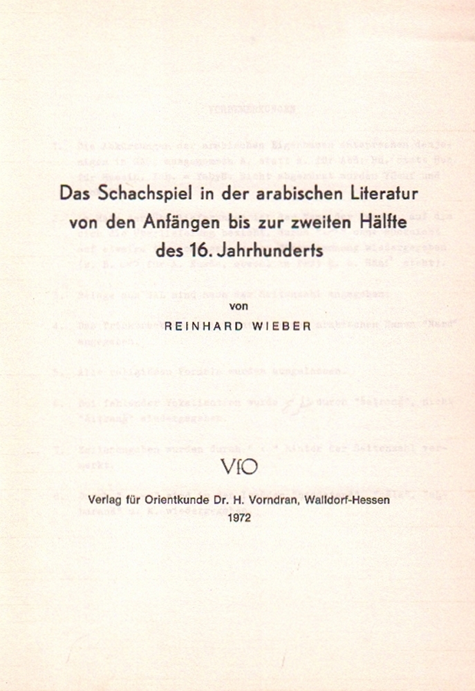 Wieber, Reinhard. Das Schachspiel in der arabischen Literatur von den Anfängen bis zur zweiten