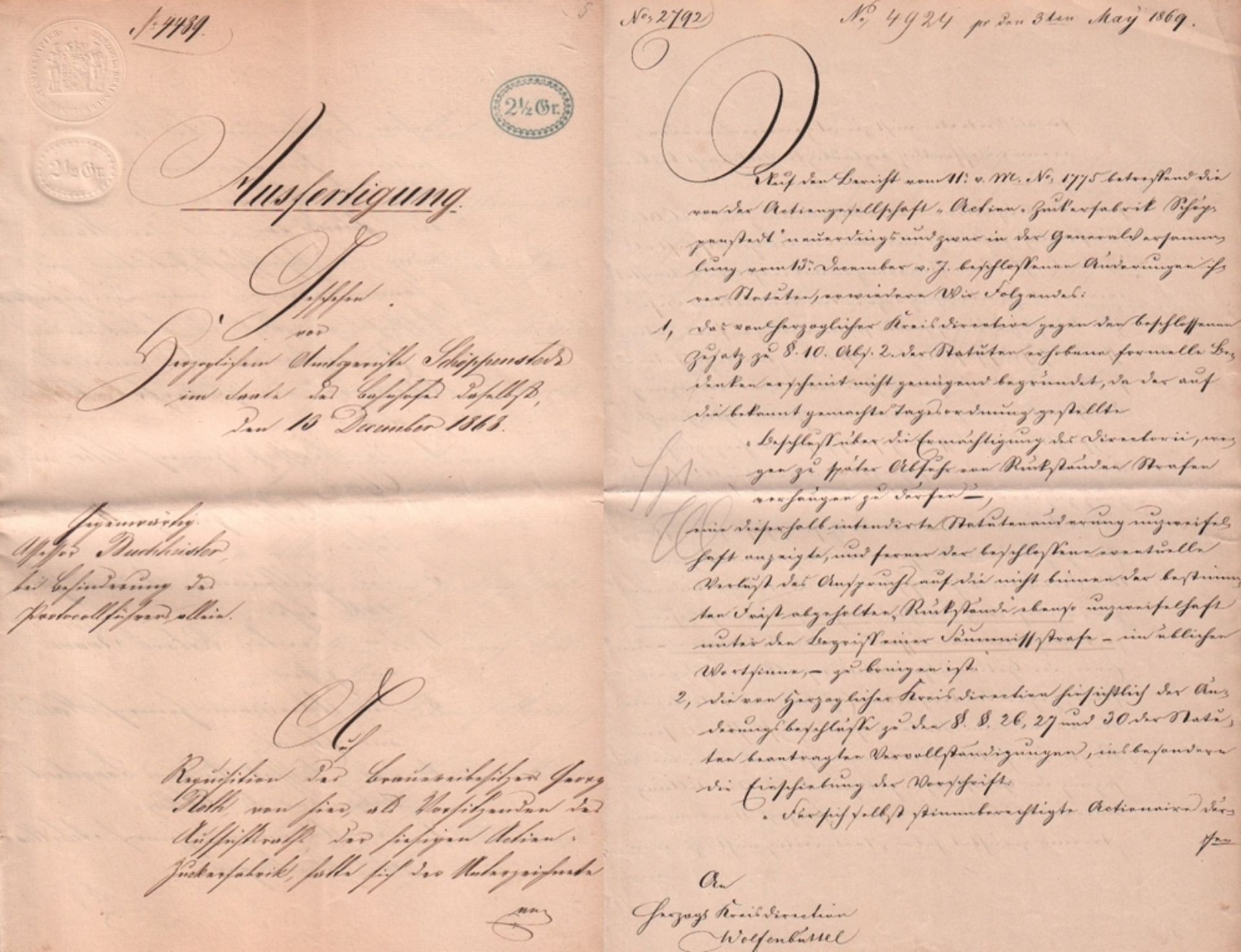 Schöppenstedt. Zuckerfabrik.  Handgeschriebene Abschriften / Kanzleikopien aus der Zeit von 1864 –