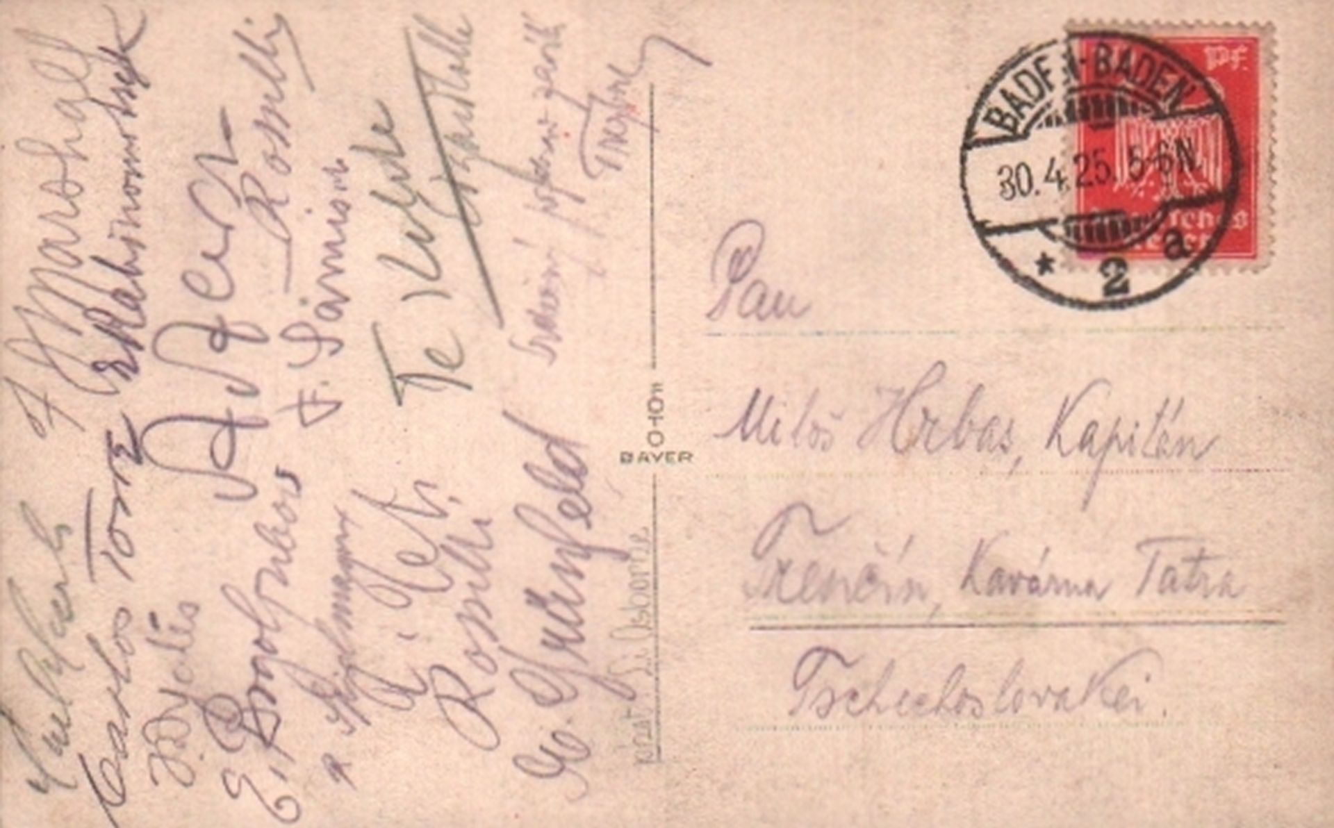 Baden – Baden 1925. Postalisch gelaufene, schwarzweiße Postkarte mit 16 eigenhändigen