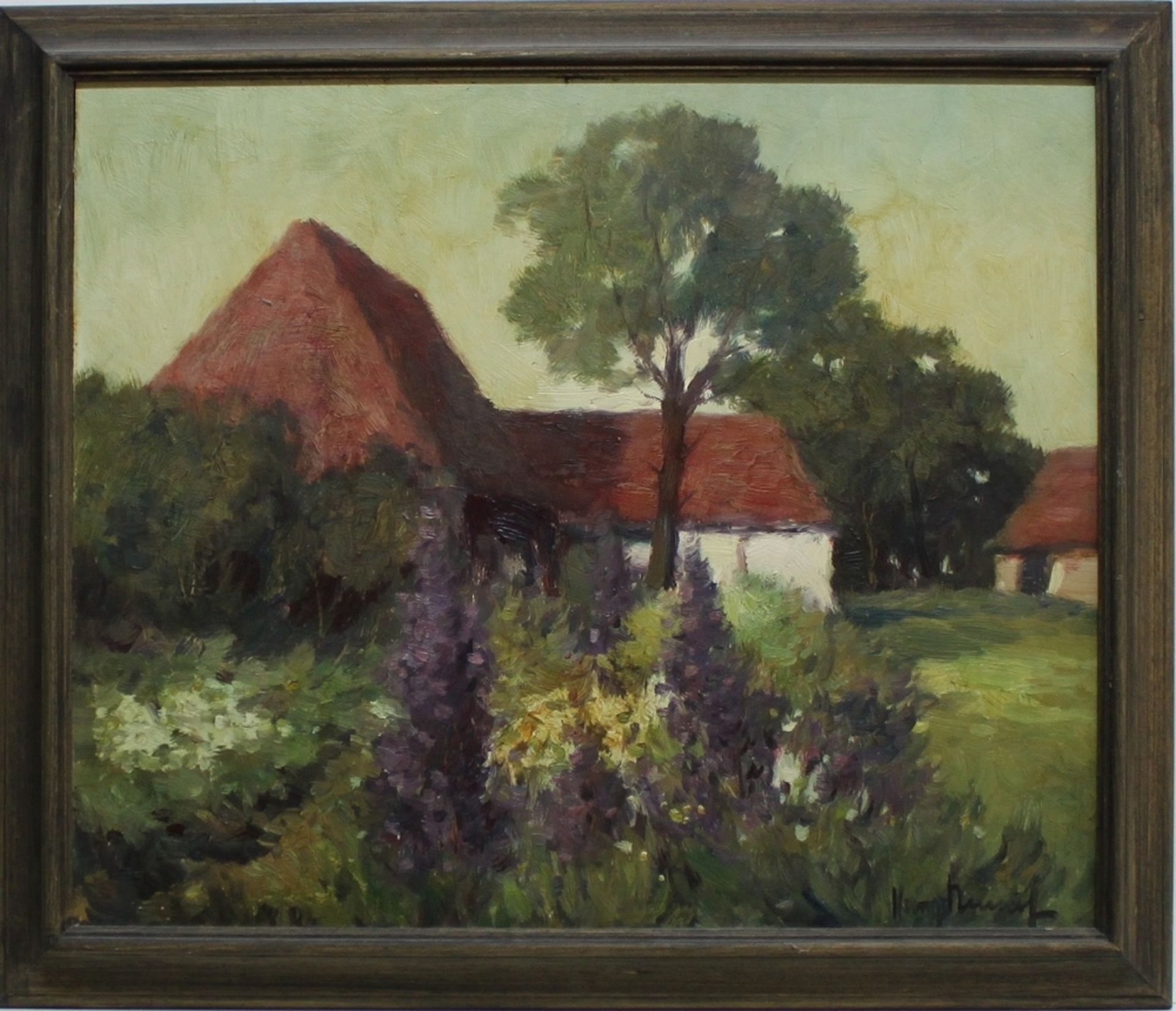 Nowak, Hans. (Gartenlandschaft mit Bauernhaus). Ölgemälde auf Holzplatte. Signiert unten rechts "