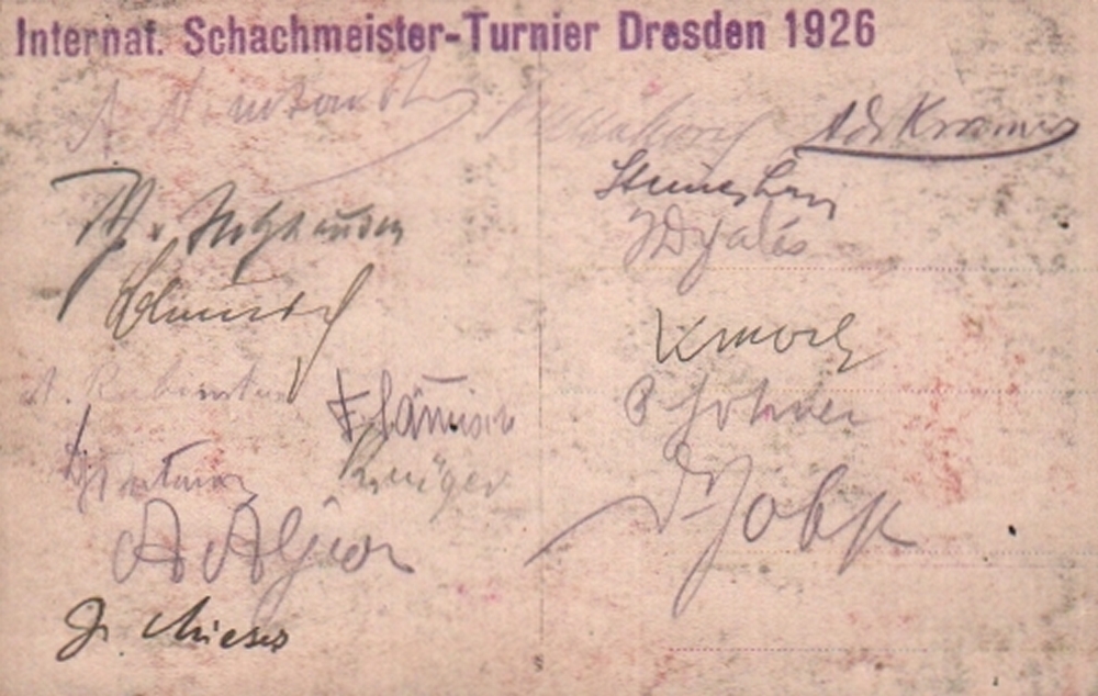 Dresden 1926. Postalisch nicht gelaufene schwarzweiße Postkarte vom Turnier in Dresden 1926 mit 16