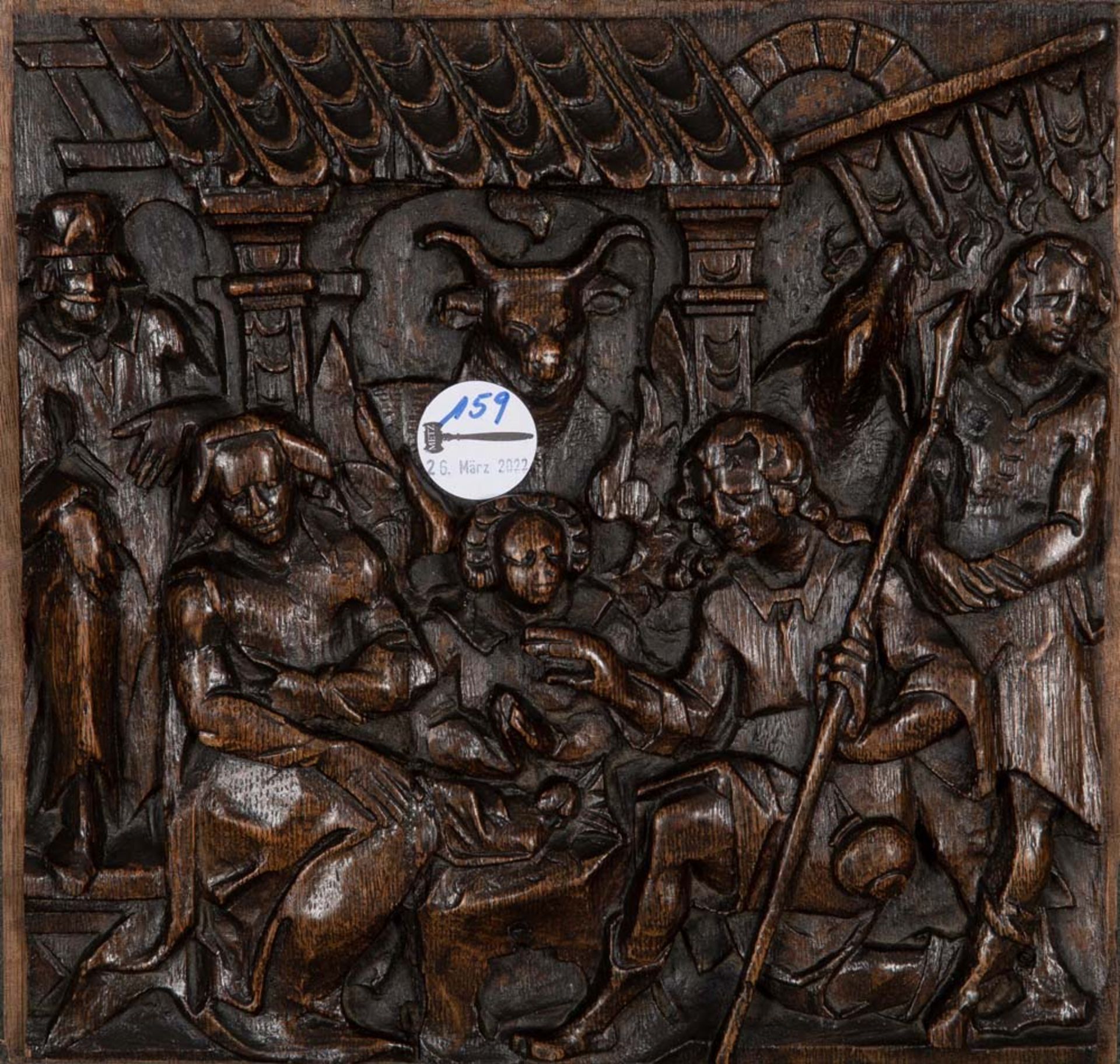 Relief Geburt Christi im Stall. Süddeutsch 18. Jh. Rechteckig, Eiche geschnitzt, H=27,5 cm, B=29