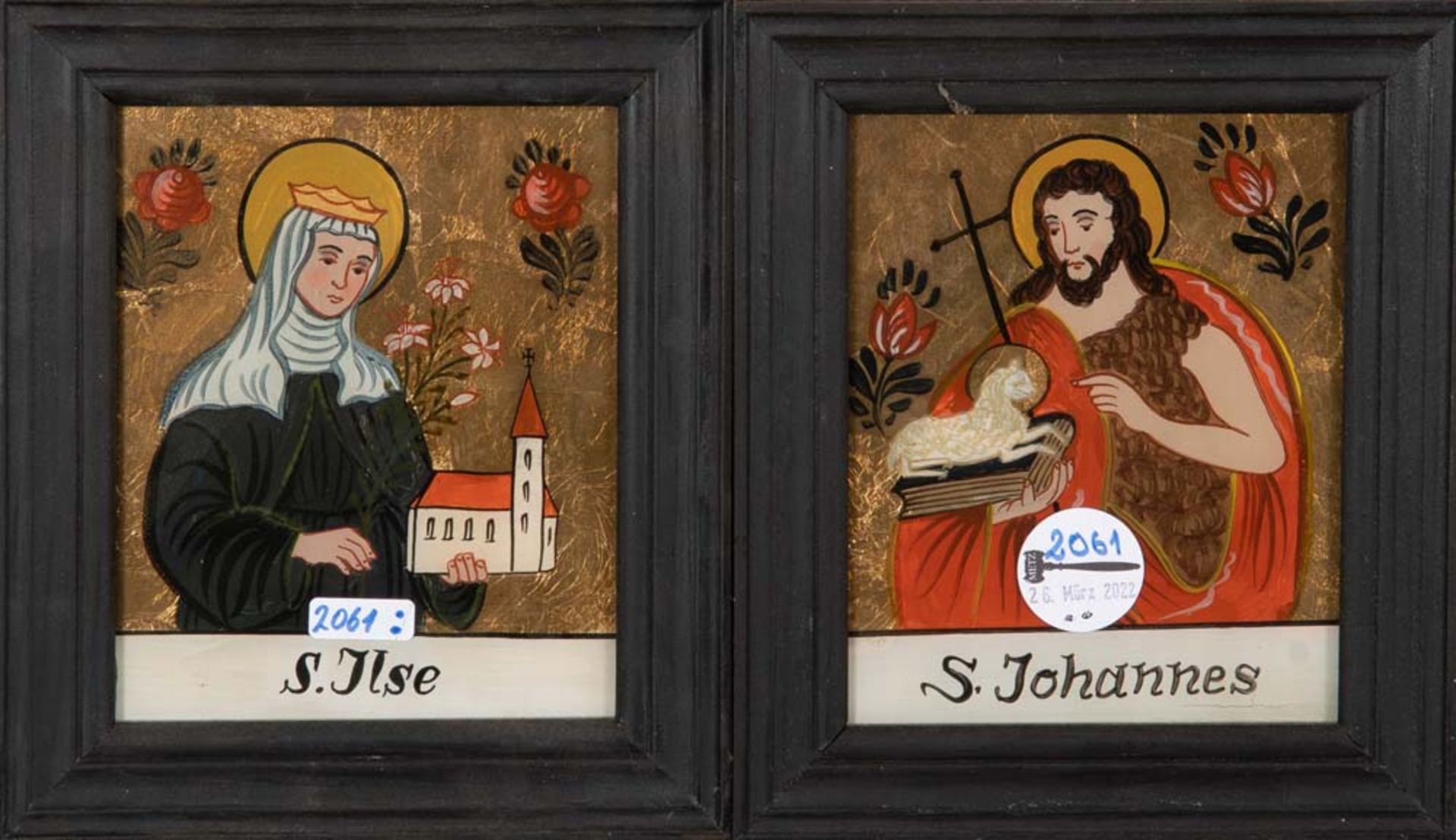 Zwei Hinterglasbilder. Deutsch 19. Jh. Bemalt mit Darstellungen des S. Johannes und der S. Ilse,